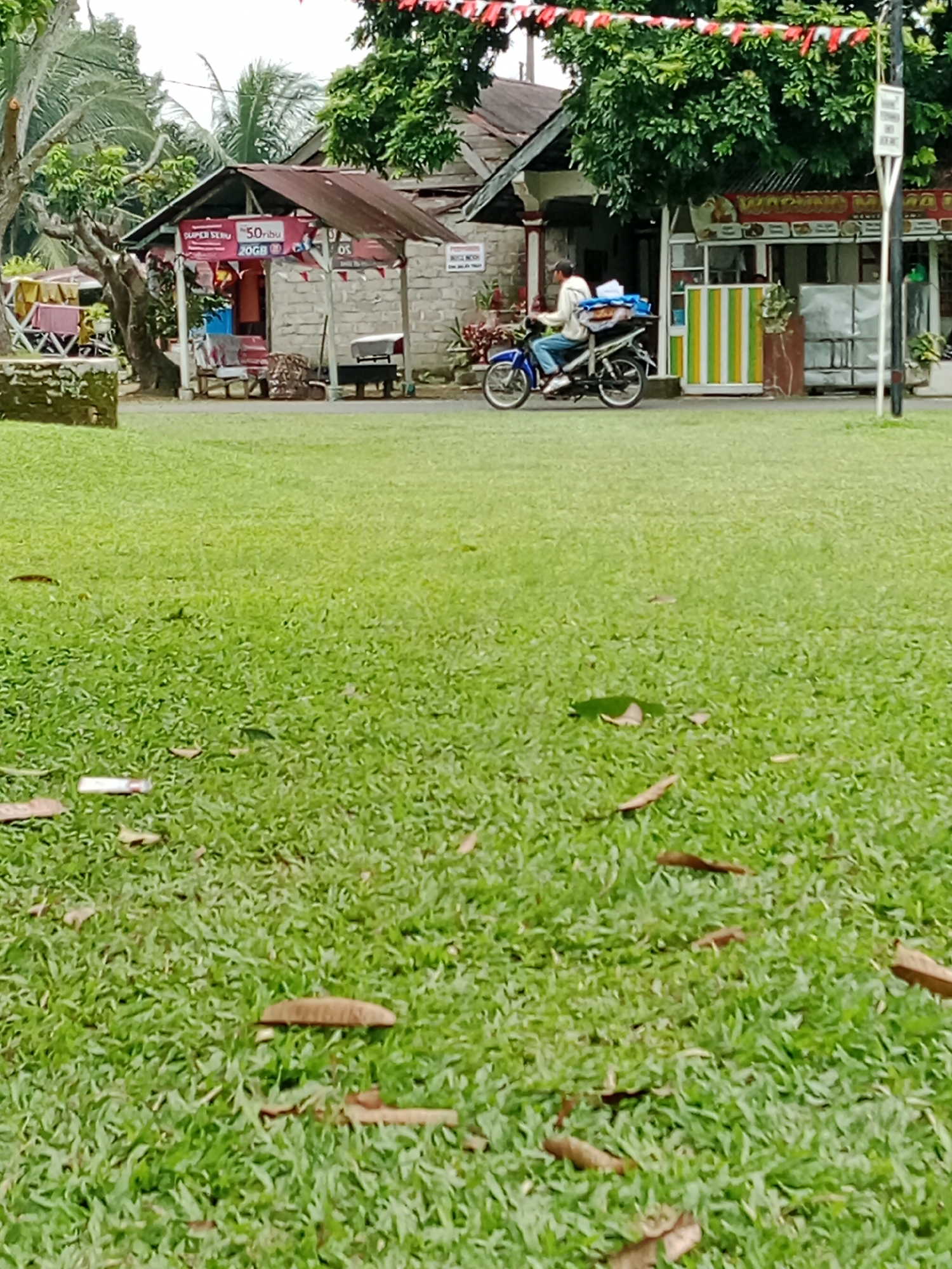 The image depicts a roadside scene in the city of Binjai, Indonesia, dominated by lush green grass in the foreground. In the middle ground, a person rides a motorcycle with a blue and white body, carrying blue bags on the back. The motorcycle is moving from left to right. Behind the motorcycle, there are several small buildings with corrugated iron roofs. One building on the left has a banner with red and white accents and Indonesian text, including "SUPER SERU" and "50ribu 20GB". Another building on the right appears to be a food stall with colorful vertical stripes on its facade and a sign with Indonesian text that includes "WARUNG MA". Trees with green foliage are visible behind the buildings, and a flagpole with a red and white flag is present on the right side of the image. The overall setting suggests a commercial area alongside a road, possibly in a more rural or suburban part of Binjai. The ground in the foreground is covered with short, well-maintained grass with a few fallen brown leaves scattered across it.