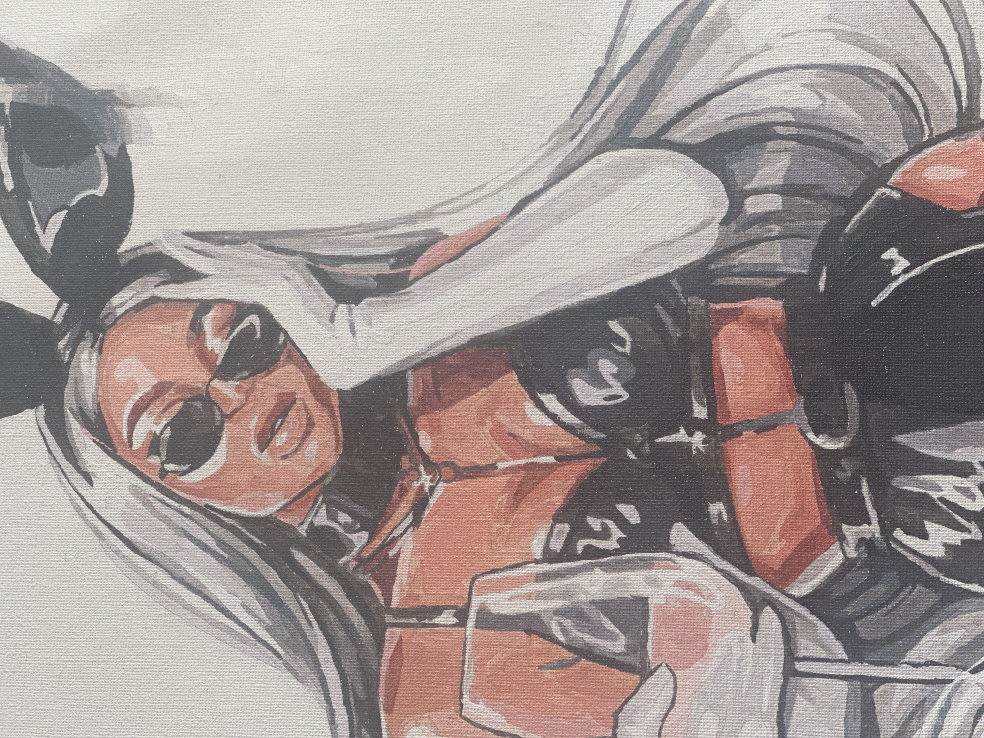 The image is a painting of a woman with bunny ears. She is wearing sunglasses and a black outfit. She appears to be holding a glass. The painting uses a limited color palette of black, white, gray, and a reddish-brown tone for the skin. The style is somewhat stylized and graphic. The painting is on a textured surface that appears to be canvas.
There is no evidence the painting is in Высокий, Russia.