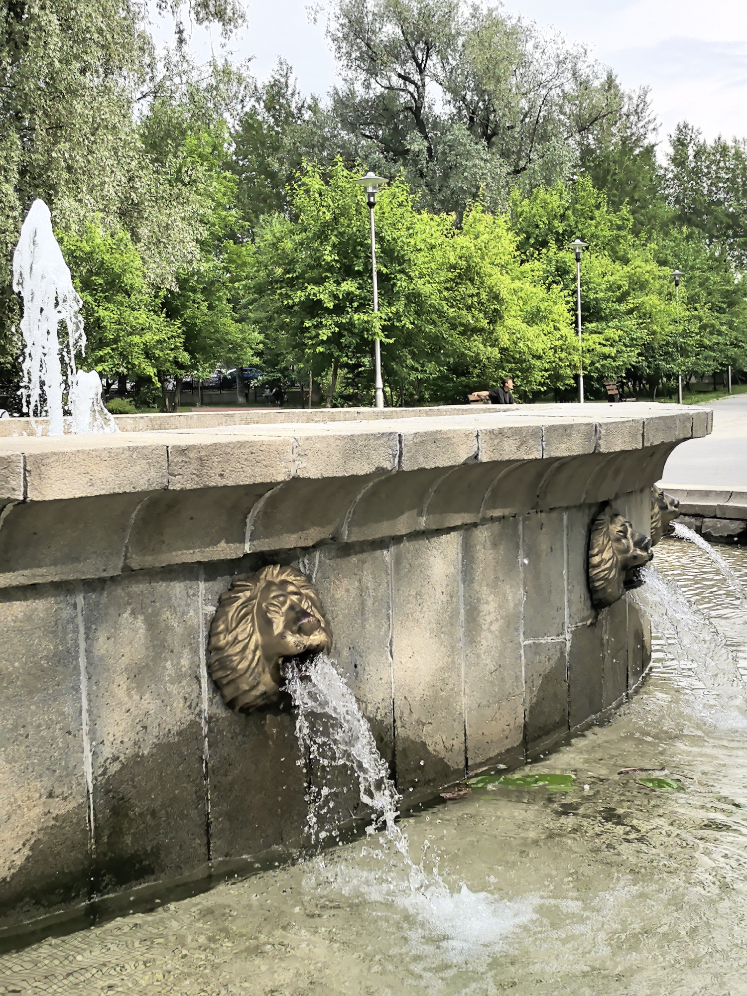 This image depicts a serene outdoor scene featuring a stone fountain within what appears to be a park or public garden. In the foreground, water actively spouts from two ornate, bronze-colored lion head sculptures embedded in the side of the fountain, creating lively splashes in the clear water pool below. Another vertical jet of water rises on the left side of the frame, contributing to the fountain's activity.
The fountain structure is made of large, weathered stone blocks, with a broad, flat top surface. Beyond the fountain, a paved path or walkway stretches into the background. The area is densely populated with trees, showcasing various shades of green foliage, some with distinct silver-green leaves, suggesting springtime or summer. Several modern streetlights or lampposts are visible among the trees in the middle and far background.
One person is discreetly visible in the middle ground, seated on a park bench, facing away from the camera, seemingly relaxing and enjoying the tranquil environment. Other benches are also faintly visible further back. The time of day appears to be daytime, likely a mild, possibly overcast day, as evidenced by the soft, diffused light and the absence of harsh shadows. The overall scene conveys a sense of peace and natural beauty in an urban green space. No text is visible in the image.