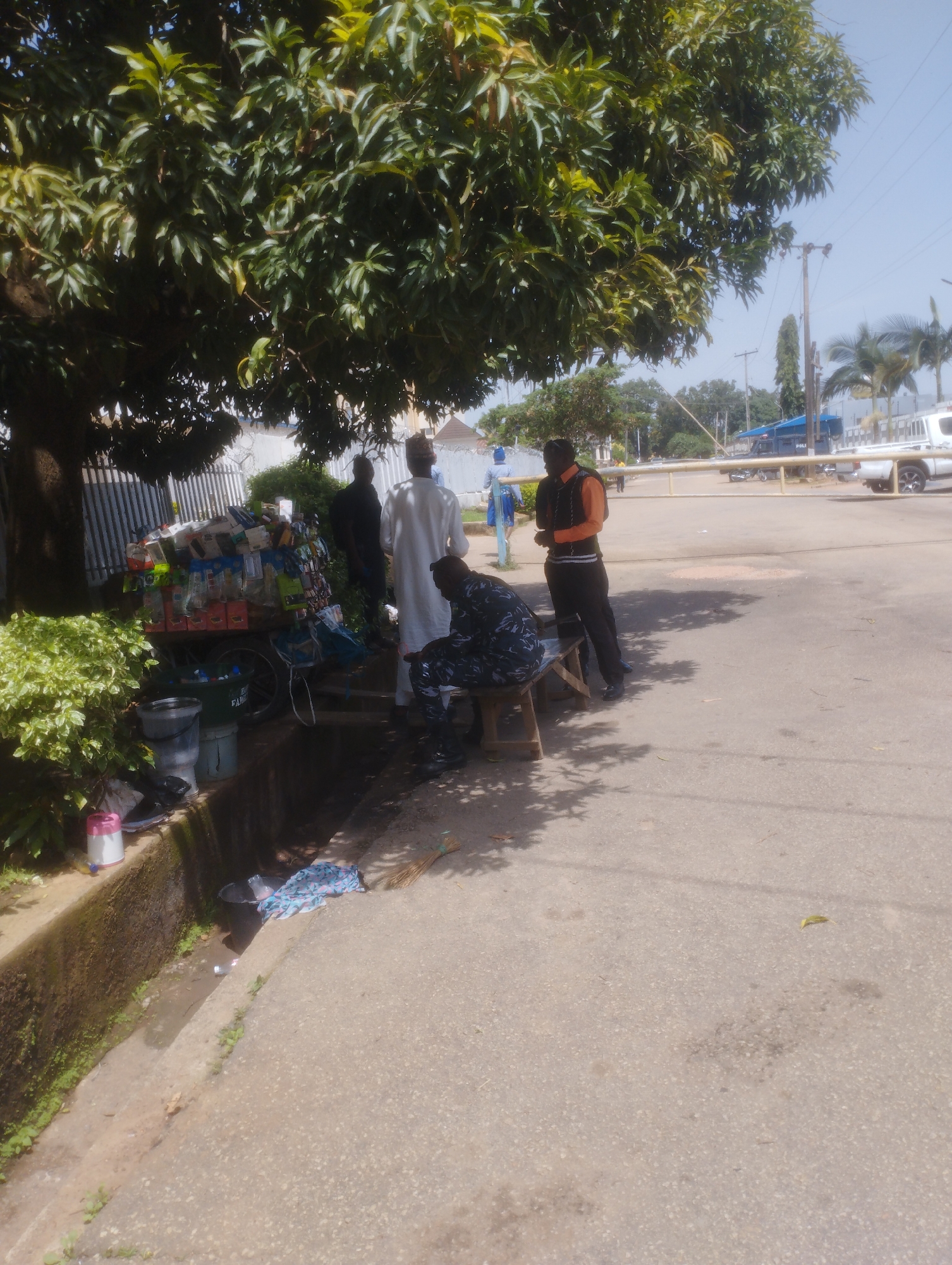 The image depicts an outdoor scene in Jos, Nigeria, under what appears to be a bright, sunny day. A large tree with lush green leaves dominates the left side of the frame, casting dappled shadows on the ground. In the foreground, a paved walkway runs alongside a drainage ditch.
Several people are present. Underneath the tree, a person dressed in a dark, camouflage-patterned uniform, likely a police officer, is seated on a wooden stool, looking down. To the right of the seated officer, a man in an orange vest over a black shirt and black trousers stands, facing away from the camera. Further back and to the left, three men are gathered near a mobile cart loaded with various goods, including what appear to be electronics accessories, snacks, and drinks. One of these men is wearing a white robe and a cap, and another is dressed in dark clothing. In the background, a white pick-up truck and a police vehicle are visible, along with some palm trees and other vegetation. A white barrier suggests a checkpoint or entrance.
The activity appears to be a casual gathering, possibly related to commerce given the presence of the cart and the vendor-like arrangement of goods. The man in uniform is likely on duty, while the others are engaged in conversation or business. The overall mood seems relaxed and ordinary. The time of day is clearly daytime, with the sun casting strong shadows. There is no visible text in the image.