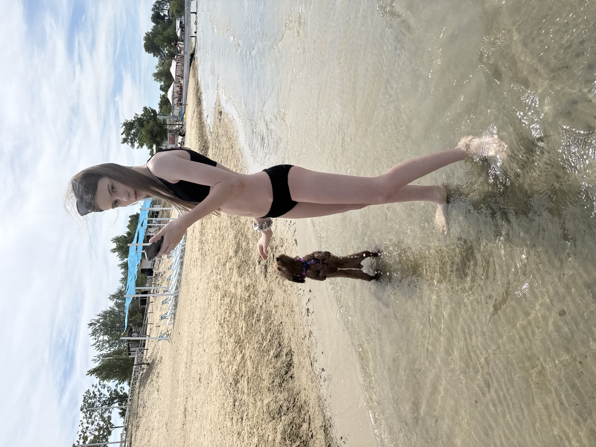 A young woman wearing a black bikini stands in shallow water at a beach. She is looking at her phone. Beside her, a small, brown dog stands on its hind legs, looking up at the woman. The beach has sand and lounge chairs, and trees are visible in the background. The sky is cloudy. This scene appears to be in Yelyzavetivka, Ukraine.