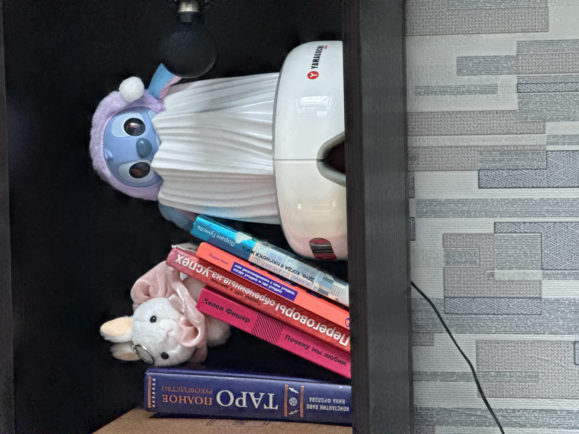 The image shows the contents of a dark wooden cabinet. The cabinet contains a blue and white stuffed animal with a hooded head, a white air purifier with the logo "YAMAGUCHI" on it, and a stack of Russian language books. On top of the books is a small white stuffed rabbit wearing a pink ribbon. The titles of the books are: "ДЕНЬ, КОГДА Я НАУЧИЛСЯ ЖИТЬ," "Переговоры обреченные на успех," "Почему мы любим," and "ТАРО ПОЛНОЕ РУКОВОДСТВО." The side of the cabinet is adjacent to a wall with a gray and white patterned covering. A black electrical cord runs down the wall.