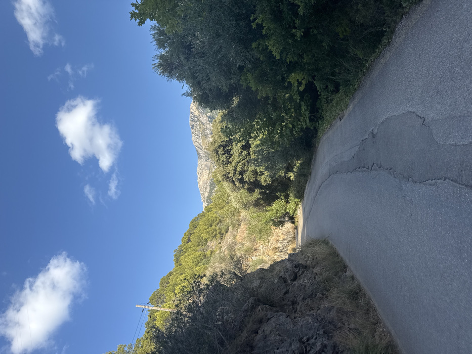 The image captures a winding, paved road in a mountainous, vegetated area near Deià, Spain. The asphalt road, exhibiting cracks and patches, curves gently to the right, ascending into the mid-ground. To the immediate left, a steep rock face with sparse dry vegetation gives way to a densely treed hillside, where a utility pole with overhead lines is visible. The right side of the road is bordered by dense green trees and shrubs. In the background, a rugged, rocky mountain range is visible beneath a clear blue sky adorned with scattered white cumulus clouds. No individuals, vehicles, or specific actions are present in the scene.
