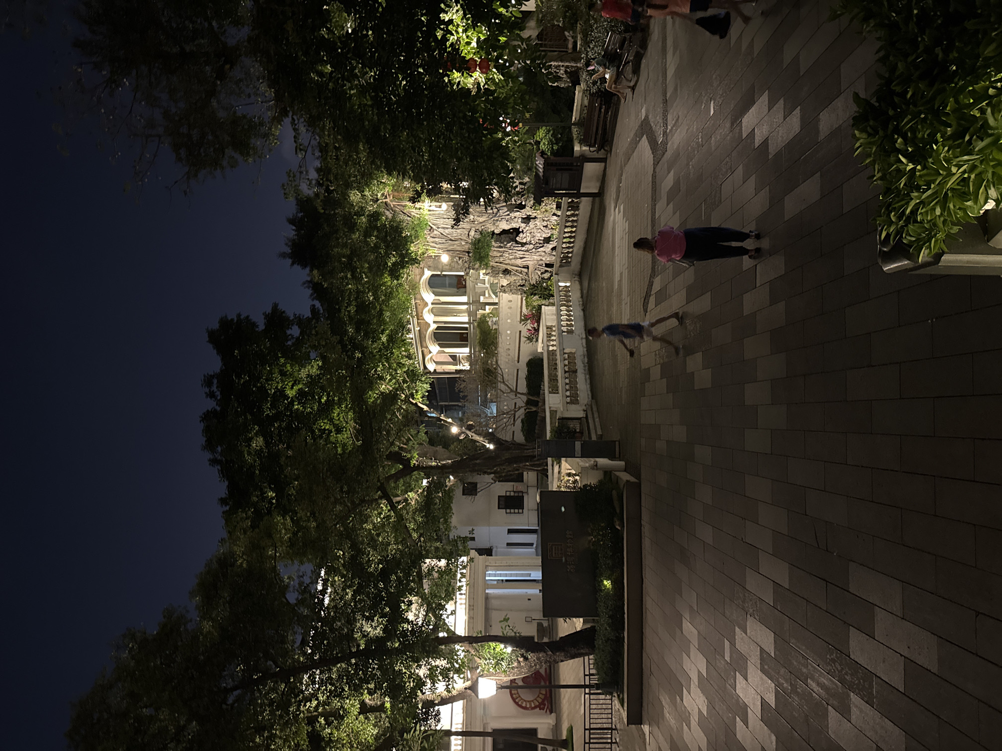 At night, a paved walkway in Liwan District, China, leads to illuminated multi-story buildings. Green trees and other shrubbery line the walkway. Two people walk along the path. Benches and a stone wall are present.