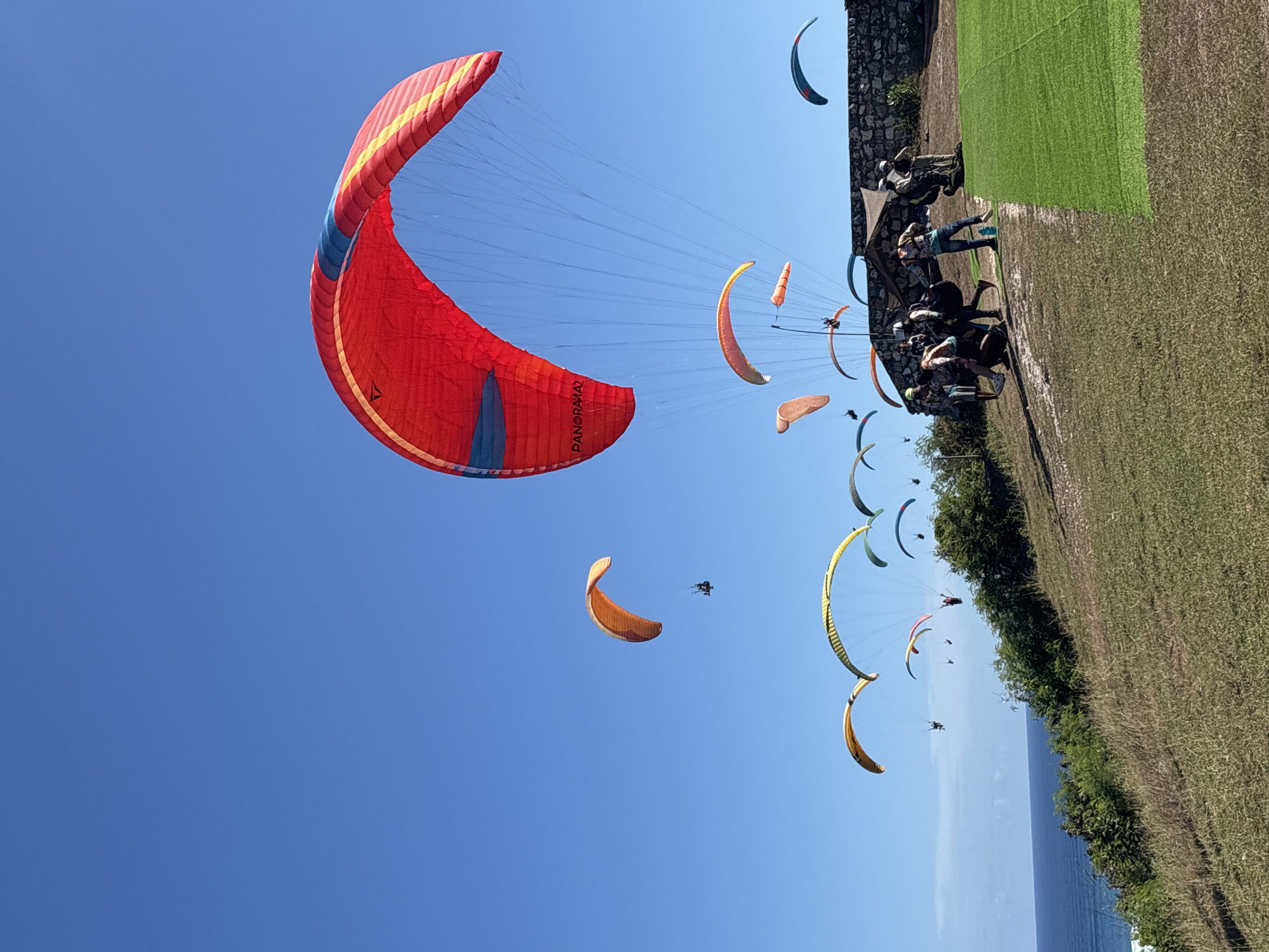 The image depicts a sky filled with paragliders over the coastal area of Kuta Selatan, Indonesia. In the foreground is a large, red paraglider with yellow and blue stripes and the word "PANORAMA2" printed on it. Several other paragliders in varying colors, including orange, yellow, and blue, are dispersed throughout the sky. On the right side of the image, there is a grassy cliff overlooking the ocean. A group of people are gathered on the cliff, some appearing to be preparing for or assisting with the paragliding activity. The overall environment is bright and sunny, suggesting a clear day perfect for paragliding.