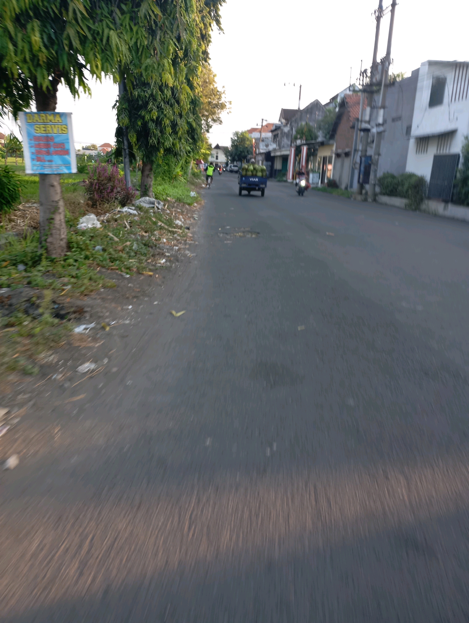 The image shows a blurred view of a residential street in Kedensari, Indonesia, with motion blur indicating movement. On the left side of the road, there are trees and a sign attached to one of them that reads "DARMA SERVISS". There are also some bushes and scattered debris along the side of the road. The road itself is paved and appears to be a two-lane street. In the distance, there are several houses with varying architectural styles, power lines, and a utility pole. A small truck loaded with coconuts is visible in the middle ground, and a motorcycle is also present. A person on a bicycle is seen further down the street. The overall atmosphere suggests a sunny day in a moderately developed urban or suburban area.