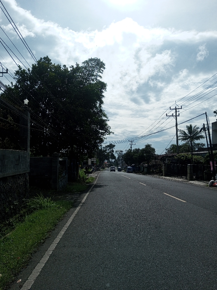 This image depicts a two-lane asphalt road in Domphoog_Dungkarchhoeling, Bhutan, under a bright, partly cloudy sky. The road, marked with a solid white line on its left edge and faint broken lines in the center, extends into the distance, curving slightly to the right.
On the left side of the road, a narrow strip of green grass and weeds borders a low wall constructed from dark, irregular stones. Above this, a dark fence and a large, dense deciduous tree with dark green foliage partially obscure structures behind it. Multiple utility poles with numerous black power lines and cables crisscross the upper left portion of the frame, with one pole featuring a star-shaped street light fixture.
On the right side of the road, several utility poles with power lines are also visible. A distinct palm tree stands behind a utility pole in the mid-right. Buildings, consistent with residential or small commercial structures, are partially visible behind trees and fences along this side of the road. Light-colored objects, possibly sacks, are present on the far right edge near a building.
Vehicles are observed in the distance, heading away from the viewer. Two light-colored cars are visible in the left lane, while at least two other vehicles, including a darker SUV or minivan, are positioned further down the road on the right. No individuals are distinctly visible. The scene is illuminated by ambient daylight, with the sun obscured by clouds in the upper center, casting a bright glow.