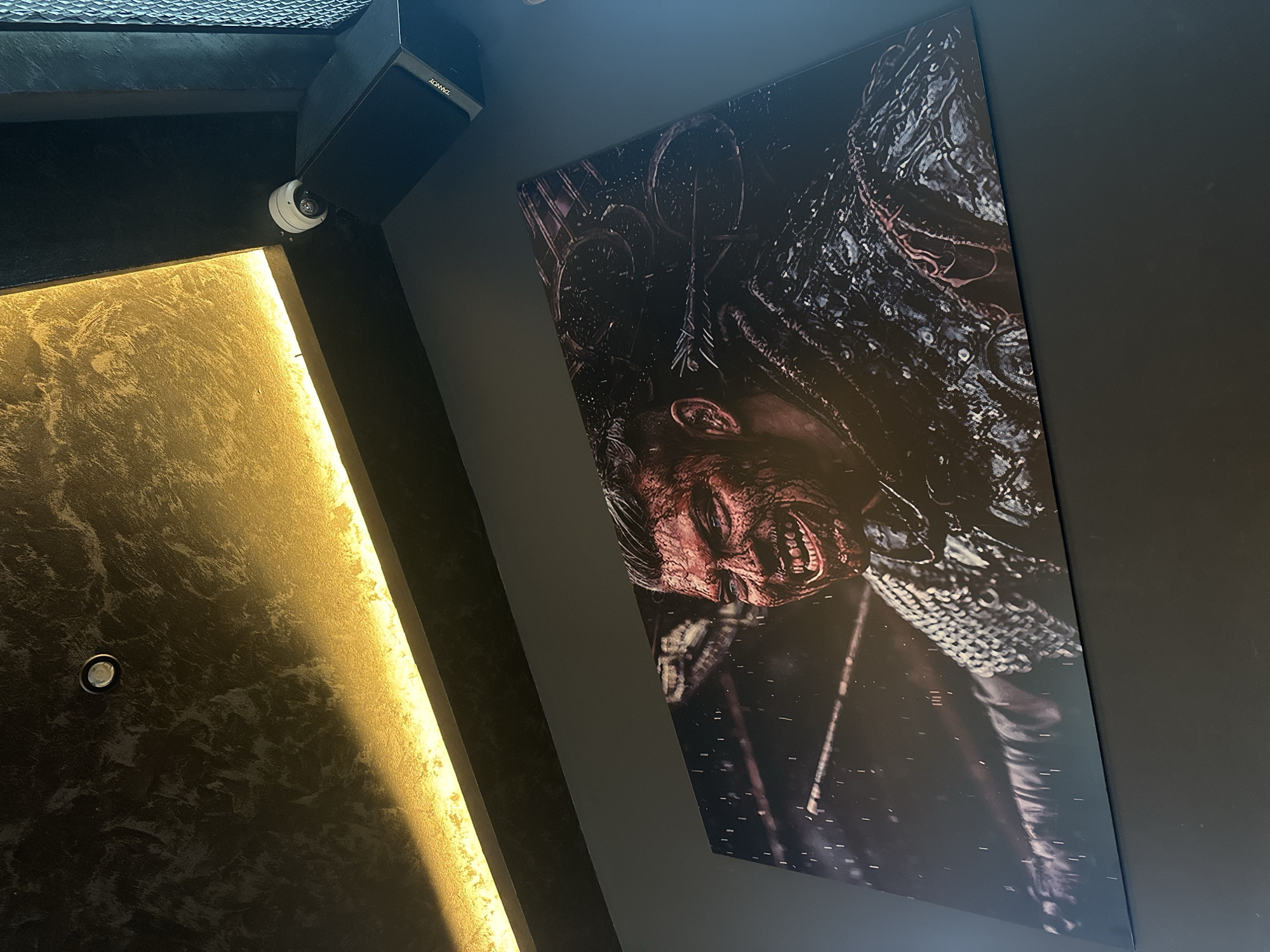 The media file shows a close-up, angled view of a large, dark artwork on a black wall. The artwork depicts a close-up of a person's face, with their eyes closed and mouth open in what appears to be a pained or intense expression. Their face is bloody and disheveled, with some dark, intricate patterns or textures surrounding their head.
To the left of the artwork, a textured wall with a gold, illuminated stripe is visible. This stripe emits a warm, bright light that casts a shadow on the textured surface.
Above the illuminated stripe, a white, dome-shaped security camera is mounted. It is positioned in the corner where the black wall meets another dark surface. A black speaker, labeled "TANNOY," is also visible in the upper left corner, mounted on the dark surface.
The lighting in the scene is dim, with the primary light sources being the illuminated stripe and the ambient light reflecting off the artwork. The overall impression is one of a dramatic or intense scene, possibly within an interior space like a cinema, gallery, or a dedicated viewing room. The artwork's content, combined with the security camera and speaker, suggests a setting that might be related to media consumption, entertainment, or surveillance. There is no visible indication of the time of day or weather. The location context is Sofia, Bulgaria.