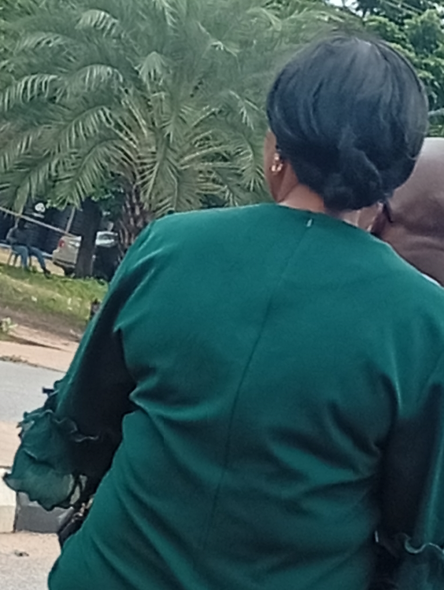 The image shows the back of a person wearing a dark green dress with ruffled sleeves, standing outdoors in what appears to be a public space. A palm tree with large fronds is visible in the background, suggesting a tropical or subtropical climate. In the distance, two individuals are seated and a vehicle is parked on the side of a road, hinting at a casual, everyday setting. The overall impression is of a daytime scene, possibly in Adankolo, Nigeria, given the context.