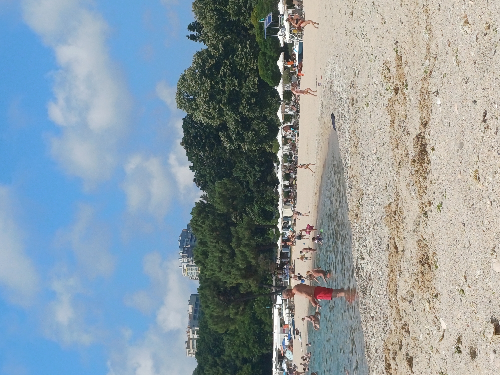 This is a wide shot of a crowded beach on a sunny day, likely in Varna, Bulgaria, given the architectural style of the buildings in the background. The scene depicts a typical summer vacation atmosphere with numerous people enjoying the beach and the sea.
In the foreground, the beach is covered in a mix of sand and pebbles. The sea is calm and clear, with a gentle wave line lapping at the shore. Several people are visible in the water, some wading and others swimming. One man in red shorts stands out in the shallow water, facing away from the camera.
The middle ground of the image shows a sandy beach area lined with numerous white umbrellas and beach chairs, indicating a well-developed resort or public beach. People are scattered across this area, some relaxing under the umbrellas, others walking or playing. Children are visible in the water and on the sand, engaged in various activities. A small boat is docked on the sand near the umbrellas.
In the background, a dense line of lush green trees forms a backdrop to the beach. Behind the trees, several multi-story buildings with modern architecture, likely hotels or apartment complexes, are visible, suggesting an urban setting or a resort town. The sky is blue with scattered white clouds.
The overall impression is one of a lively and enjoyable day at the beach, with a good mix of recreational activities and relaxation.