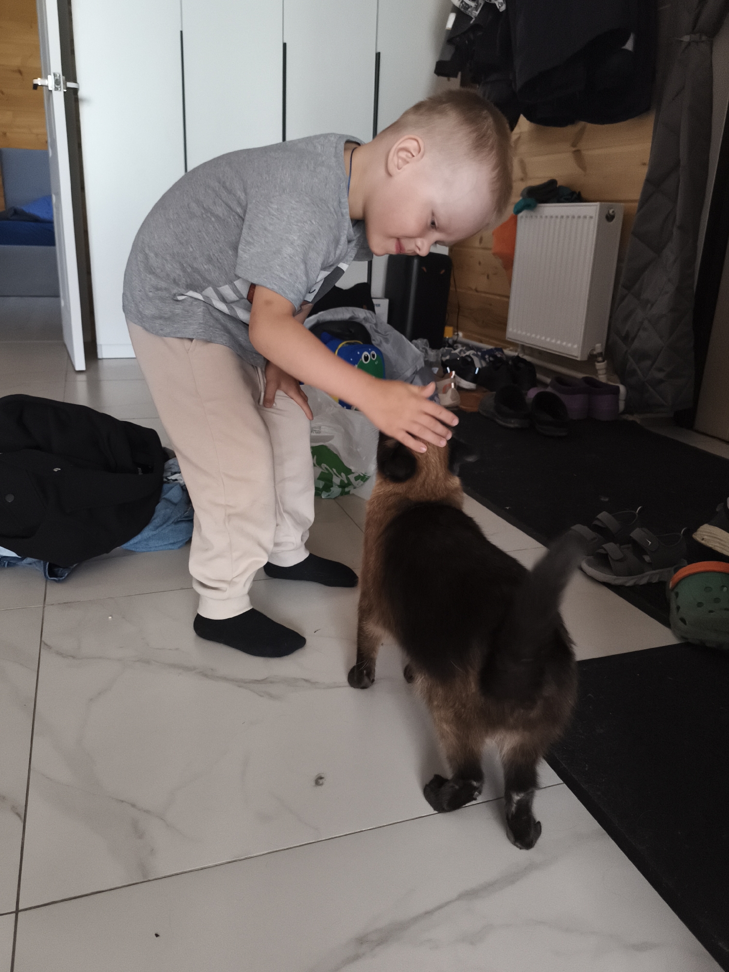 A young boy with short blond hair, wearing a grey t-shirt and light-colored pants, is petting a brown cat indoors. The boy is bending over, with his right hand resting on the cat's head. The cat is facing away from the camera, with its tail raised. The floor is tiled with a white and grey marble pattern. In the background, there is a white closet, a wooden wall with a radiator, and various items including shoes, a dark jacket, and a green object. The scene appears to be in a residential setting.