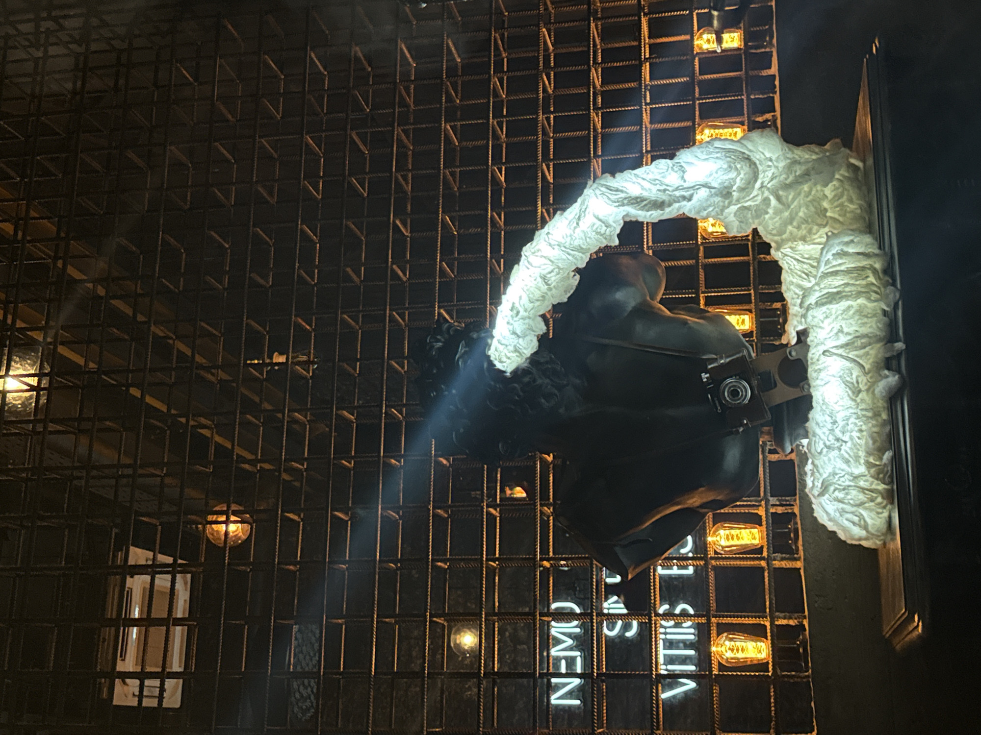 An artistic installation is displayed at night. The primary subject is a dark bust of a person, likely male, with curly hair. A white, cloud-like material emanates from the back of the bust and appears to be pouring forward, resembling smoke or steam. A small camera is attached to the back of the bust. The background consists of a dark, grid-like metal structure behind which are several illuminated lightbulbs in orange hues and neon signs that read "NEMO" and "VITIS EC". The overall lighting is dim with spotlights highlighting the bust and the white material. The scene is located in Moscow, Russia.