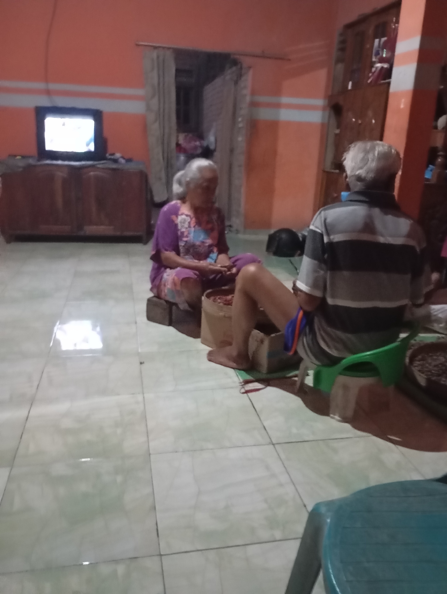 In a room with orange walls and tiled floors, two individuals are seated. An older woman with white hair, wearing a purple and floral patterned dress, sits on a low wooden stool. In front of her is a basket overflowing with what appear to be small, reddish-brown items, possibly seeds or beans. To her right, an older man with gray hair and a striped gray and black short-sleeved shirt, and blue and orange shorts, sits on a green plastic stool. He is facing away from the camera. A television is visible on a wooden cabinet in the background. The environment suggests a domestic setting in Ketepung, Indonesia.