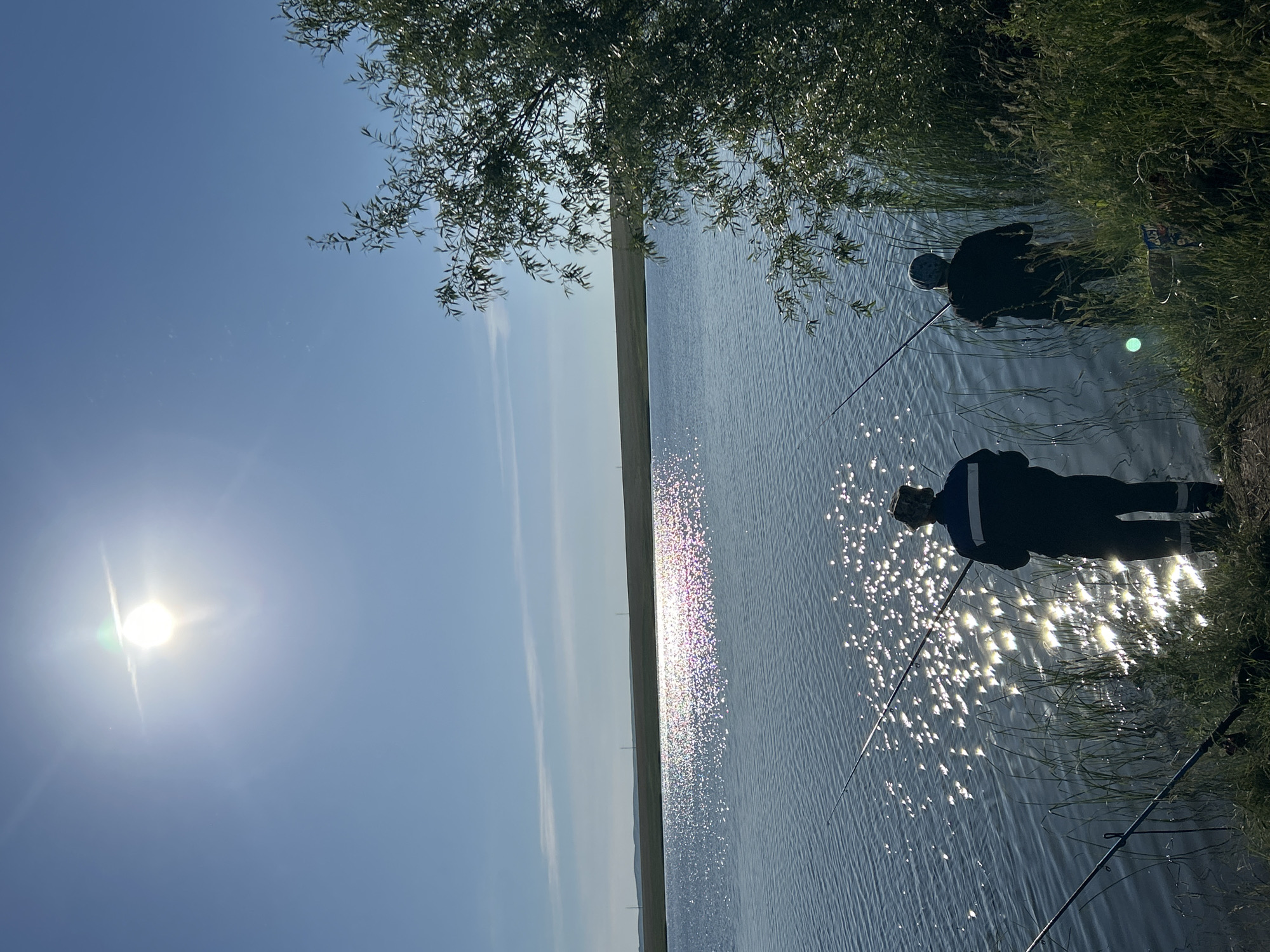 Two individuals are depicted fishing on the shore of a body of water under a bright sun. The sun, positioned in the upper left quadrant of the image, casts a strong glare across the water's surface, creating a shimmering effect. The individuals are silhouetted against the bright sky and water, making their specific features indistinguishable. One person is standing closer to the foreground, wearing dark clothing with reflective stripes on the pants, and is holding a fishing rod. The second person is slightly further back and to the right, also holding a fishing rod. Both appear to be facing the water, engaged in the act of fishing. The environment consists of the water, a grassy shoreline with reeds, and vegetation, including a tree branch extending into the frame from the right. In the distance, a flat horizon line is visible, possibly indicating land or a distant shore. The sky is clear and blue, with a faint haziness near the sun. The overall impression is a peaceful, outdoor scene of recreational activity. The location is identified as Matrayevo, Russia.