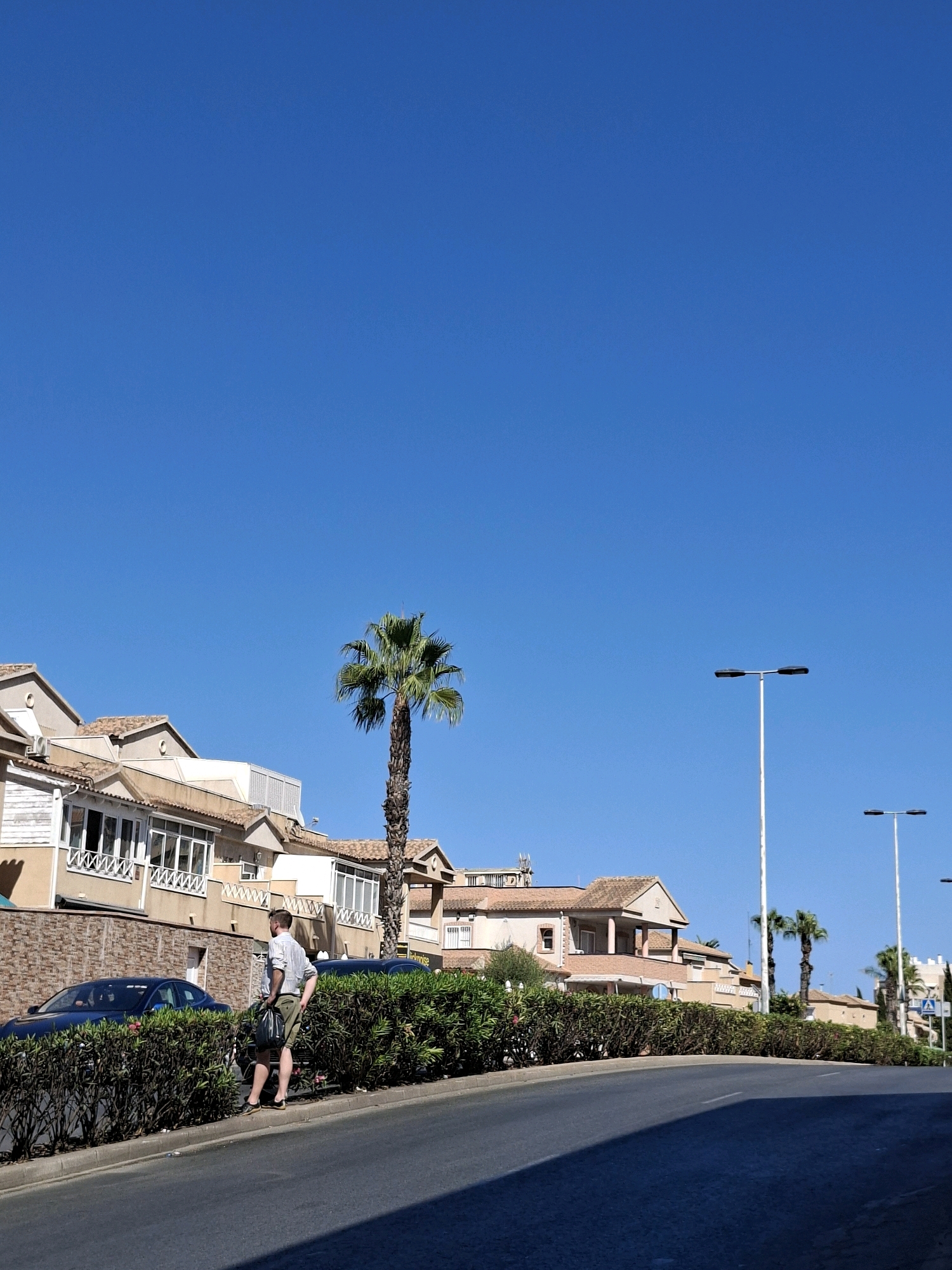 A man stands on the sidewalk of a street in Torrevieja, Spain, next to a parked dark blue car. He is wearing a striped short-sleeved shirt and khaki shorts, and he holds a black bag in his left hand. The street curves to the right, and a dense green hedge runs along the sidewalk. Behind the hedge, a row of beige and white houses with terracotta roofs is visible. A tall palm tree stands between the houses. The sky is clear and bright blue, with two streetlights visible on tall poles. The scene suggests a sunny day in a residential area.