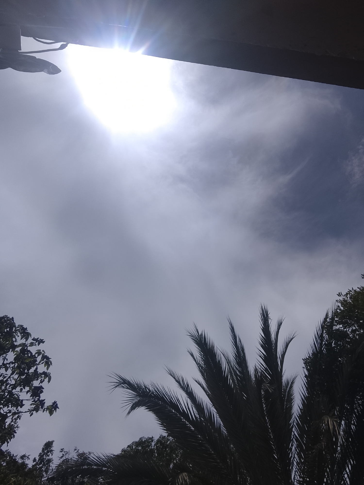 The image depicts a view of the sky in Altagracia, Venezuela, likely during daylight hours given the bright sun. The sun is positioned near the top of the frame, partially obscured by clouds, creating a glare. A section of a building structure is visible at the top of the image, partially blocking the view. In the lower portion of the frame, there are several trees and a palm tree. The scene appears to be a residential or outdoor area with abundant vegetation. No people are visible in the image.