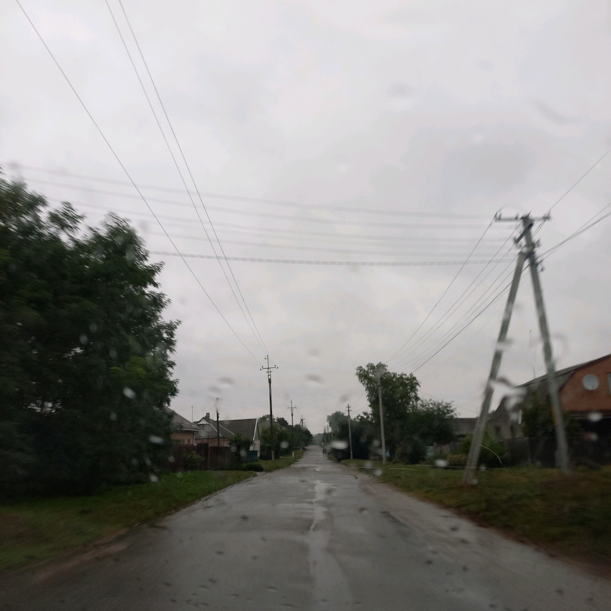 This image depicts a wet, paved road in a rural or suburban area, possibly Klyntsi, Ukraine, on an overcast day. Water droplets are visible on the lens, suggesting it is raining or has recently rained. The road is bordered by grassy verges and trees on both sides. Several houses, primarily single-story with dark roofs and brick or wood siding, are visible along the roadside. Power lines run overhead, supported by utility poles, with one prominent A-frame pole in the foreground. In the distance, two indistinct figures are walking along the road. The overall atmosphere is subdued due to the cloudy weather.