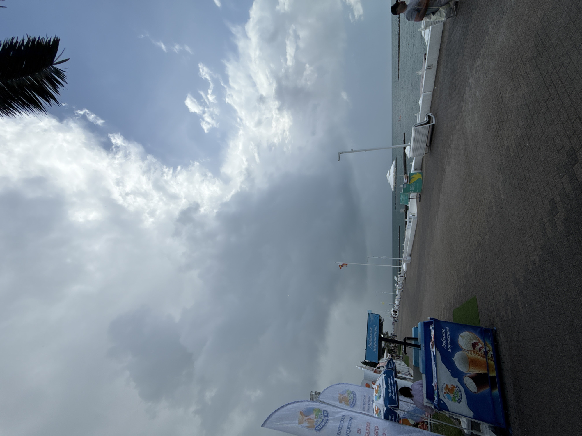 The image depicts a cloudy day along a paved promenade by the sea, likely in Sochi, Russia, given the Cyrillic text visible on signs. In the foreground on the left, an ice cream stand is set up under a blue and white umbrella, displaying promotional images of ice cream cones. Several flags bearing logos and text are positioned near the stand. A woman is seated at the stand. Further along the promenade, there are white benches, lamp posts, and a white umbrella structure near the water's edge. The sea stretches out to the horizon under a sky filled with dramatic, dark clouds, with patches of blue sky visible. People are walking along the promenade in the distance. A palm frond is visible in the upper right corner of the frame.