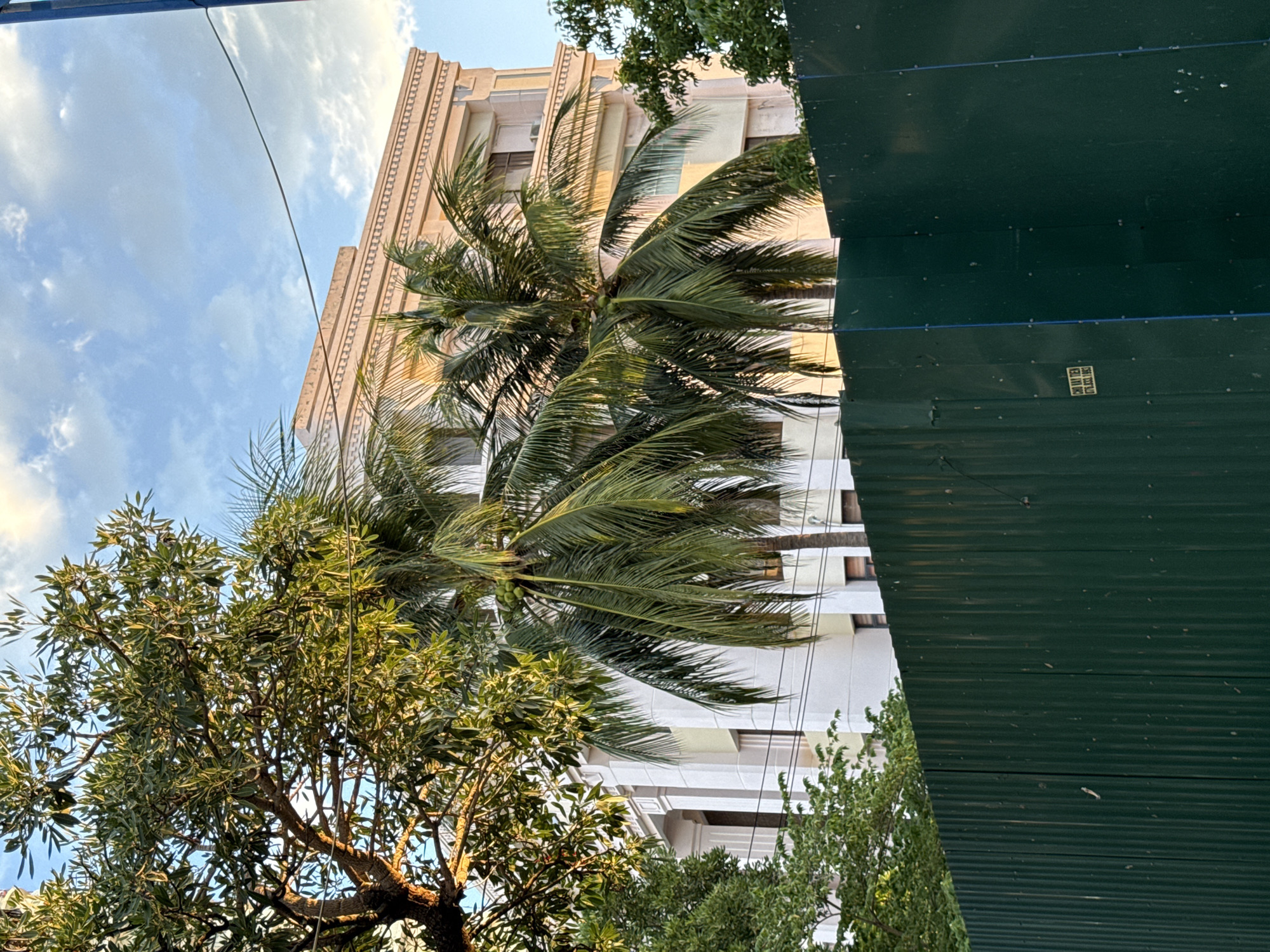 In Nha Trang, Vietnam, a multi-story building with white columns and light beige decorative elements stands behind a green corrugated metal fence. Two palm trees with coconuts are visible in front of the building, with their fronds partially obscuring the structure. Lush green foliage from other trees surrounds the scene. The sky above is blue with scattered white clouds. A dark pole is visible on the right side of the image, and electrical wires run horizontally across the frame. There are no people or animals in the image.