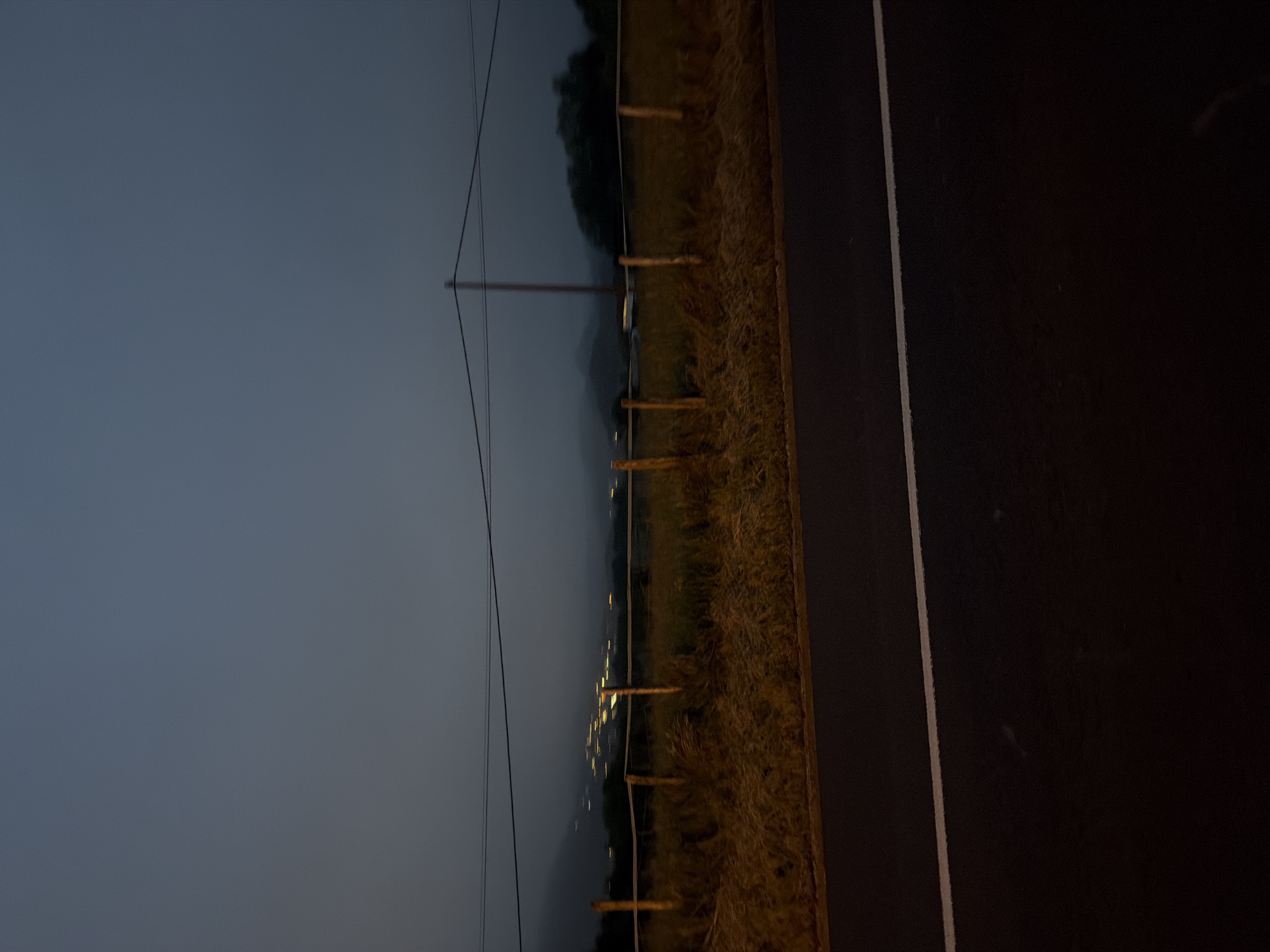 The image depicts a dimly lit, horizontal landscape scene captured during nightfall or deep twilight, likely in the vicinity of Errenteria, Spain. A dark asphalt road, marked by a crisp white solid line, occupies the bottom portion of the frame, stretching horizontally from left to right.
Immediately above the road is a strip of dry, brownish-yellow vegetation, acting as a verge. Beyond this verge, a series of roughly cut wooden posts, likely part of a fence, are spaced out across the mid-ground.
In the hazy distance, the faint, dark silhouettes of mountains or hills are visible against the dark blue-grey sky. Numerous small, bright yellow and white lights punctuate the distant landscape, indicating a town, village, or scattered residences.
On the left side of the frame, a utility pole stands upright, with multiple dark power lines extending across the sky. The sky itself is a uniform, overcast dark blue-grey, suggesting either heavy cloud cover or atmospheric haze, which diffuses the limited natural light.
No people or vehicles are visible, contributing to a quiet, somewhat isolated atmosphere. There is no visible text in the image. The overall impression is one of transition from a rural foreground to distant human settlement under a somber, low-light sky.