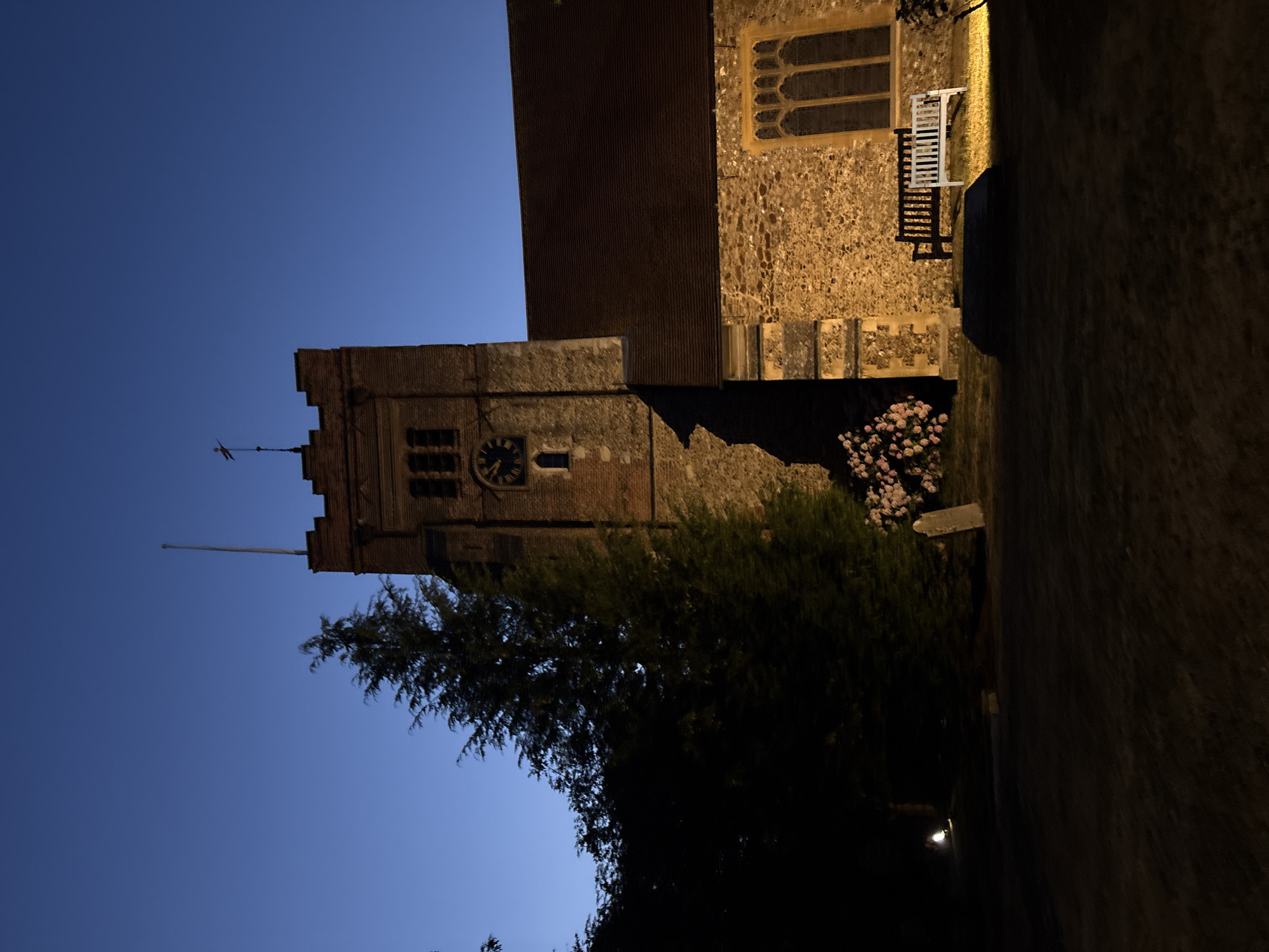 The image shows a stone and brick church at dusk, with a clear blue sky. The church has a prominent clock tower with a clock face visible. To the left of the tower is a large evergreen tree, and further left, a smaller tree. In front of the church, there are two benches, one dark and one white, illuminated by a warm light. There is also a large, flat stone object in front of the benches. To the left of the benches, a patch of pinkish flowers is visible. In the background, a dimly lit object resembling a lamp post can be seen. The ground in front of the church is covered in grass. The scene suggests a peaceful, somewhat eerie atmosphere due to the low light conditions and the presence of what appears to be a graveyard. This is a photograph of St. Mary's Church in Chelmsford, Essex, United Kingdom.