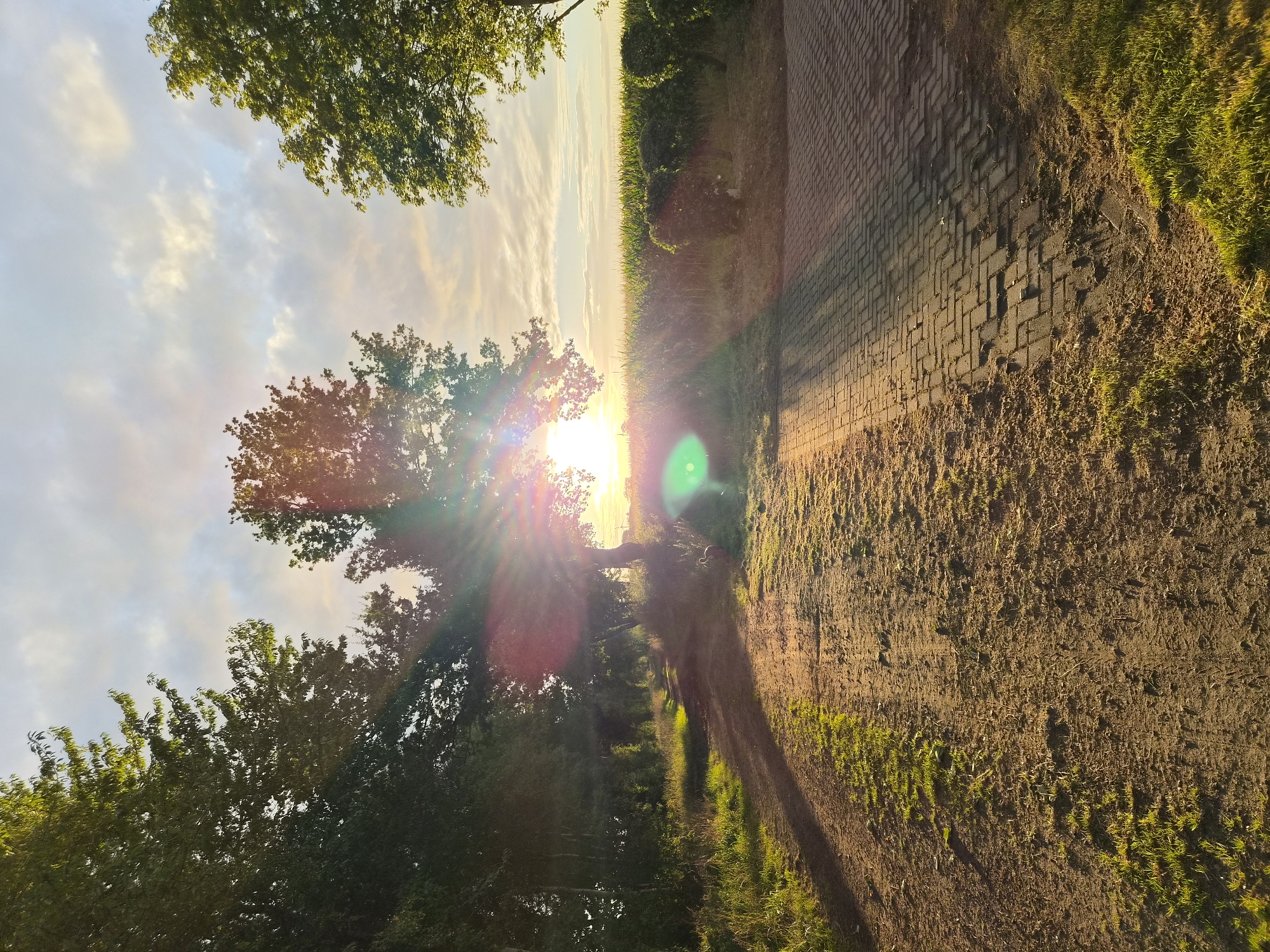 The image depicts a dirt path leading through a rural landscape, possibly in Schiffdorf, Germany, as suggested by the metadata. The sun is low on the horizon, casting long shadows and creating a warm, golden light that illuminates the scene. The sun's rays are bright and glinting, with visible lens flare effects, particularly a green orb. On the left side of the path are tall trees and vegetation, while on the right, a field of corn or similar crops stretches into the distance, bordered by a hedgerow. The path itself is a mix of dirt and patches of grass, with some tire tracks visible. To the right of the path, a section of brick paving is present, also casting a shadow. The sky is partly cloudy with the sun breaking through, indicating either sunrise or sunset. There are no people or animals visible in the frame.