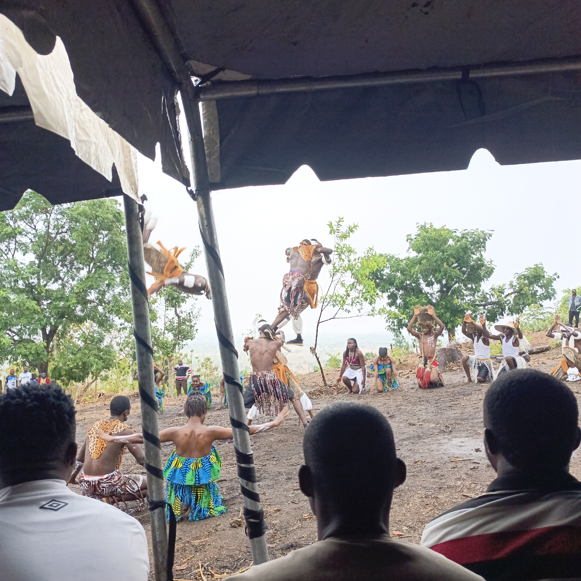 The image shows a cultural performance taking place outdoors in Boher, Nigeria. Two men are engaging in a form of wrestling or combat, one leaping over the other. Both are dressed in traditional clothing, including animal prints and raffia skirts. Surrounding them are other performers kneeling or sitting on the ground, some with their hands raised. They are also wearing traditional attire. The performance is taking place on a dirt surface in a wooded area. In the foreground, the backs of several spectators are visible. Above, a tent or canopy provides partial shelter. The sky is overcast.