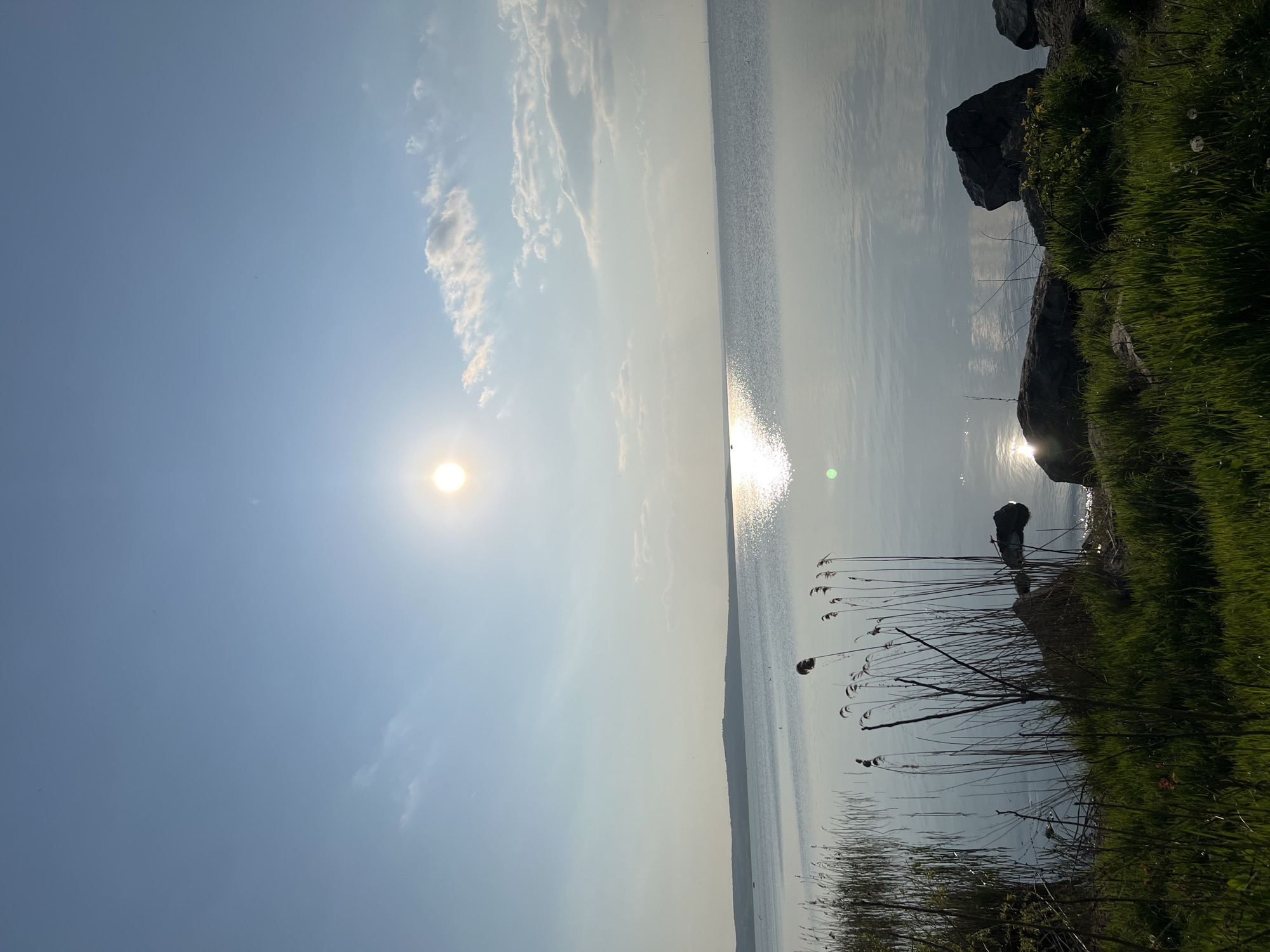 The image depicts a tranquil scene of a lake or bay, likely near Burgas, Bulgaria, given the landscape. The sun is positioned high in a mostly clear, pale blue sky, with some scattered white clouds. Its reflection creates a shimmering, bright line across the water's surface. The shoreline on the right side of the image is rocky and covered with green grass, reeds, and some dry vegetation. Some large stones are visible along the bank. The composition suggests a serene, natural environment with calm water and clear weather. No people are visible in the scene.
