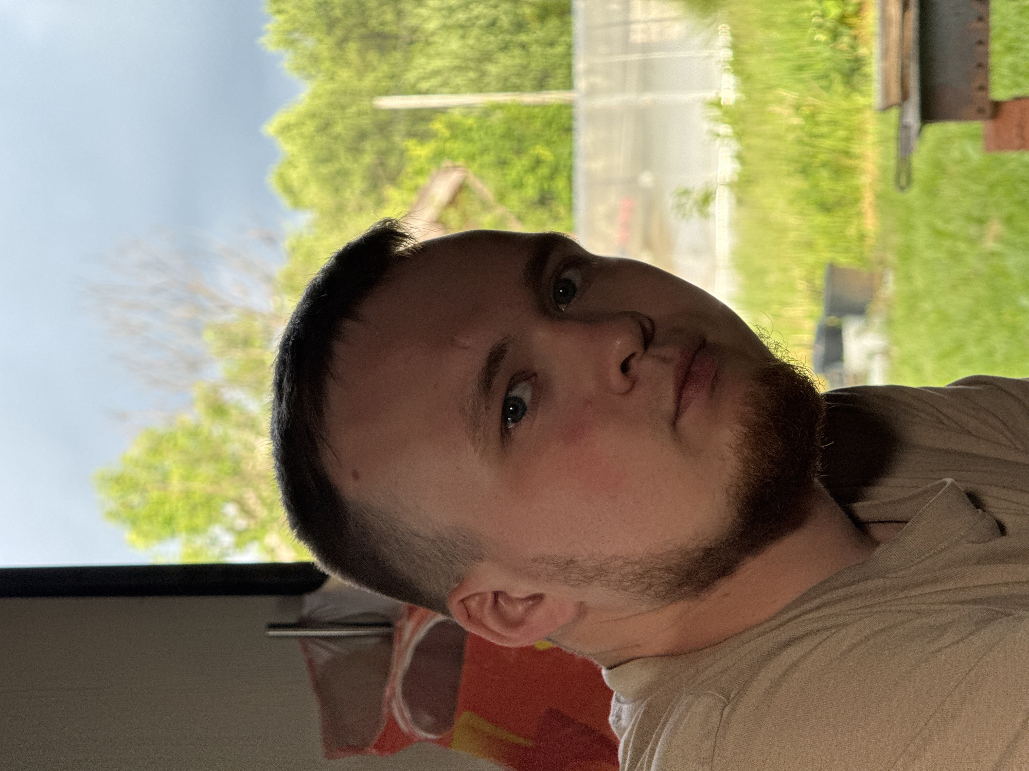 A young adult male is depicted in a close-up, head-and-shoulders portrait, positioned indoors and looking out through a window onto an outdoor scene in what is identified as Krasnokamsk, Russia. The male has short, dark hair with a faded style, blue eyes, and a light reddish-brown goatee extending along his jawline. He wears a light brown or tan short-sleeved collared shirt. His expression is neutral as he looks directly at the viewer.
To the left of the subject, an indoor wall or surface with a slight texture is visible, along with a partial view of a red and orange object, possibly fabric or a bag, and a vertical metal rod. A dark vertical window frame separates the interior from the exterior view.
The outdoor environment, seen through the window, features lush green foliage, including trees and unkempt grass, under an overcast or partly cloudy blue sky. In the mid-ground, a light-colored vertical pole stands amidst the greenery. Further in the background, a structure with a dark roofline is partially visible behind trees. A white, net-like fence or barrier extends horizontally across the scene, partially obscured by foreground grass. In the lower right corner of the outdoor view, a portion of a dark metal outdoor grill or brazier with a red base is visible on the grass. Two dark grey containers, possibly plant pots, are situated in the grass in the mid-left background of the outdoor scene.