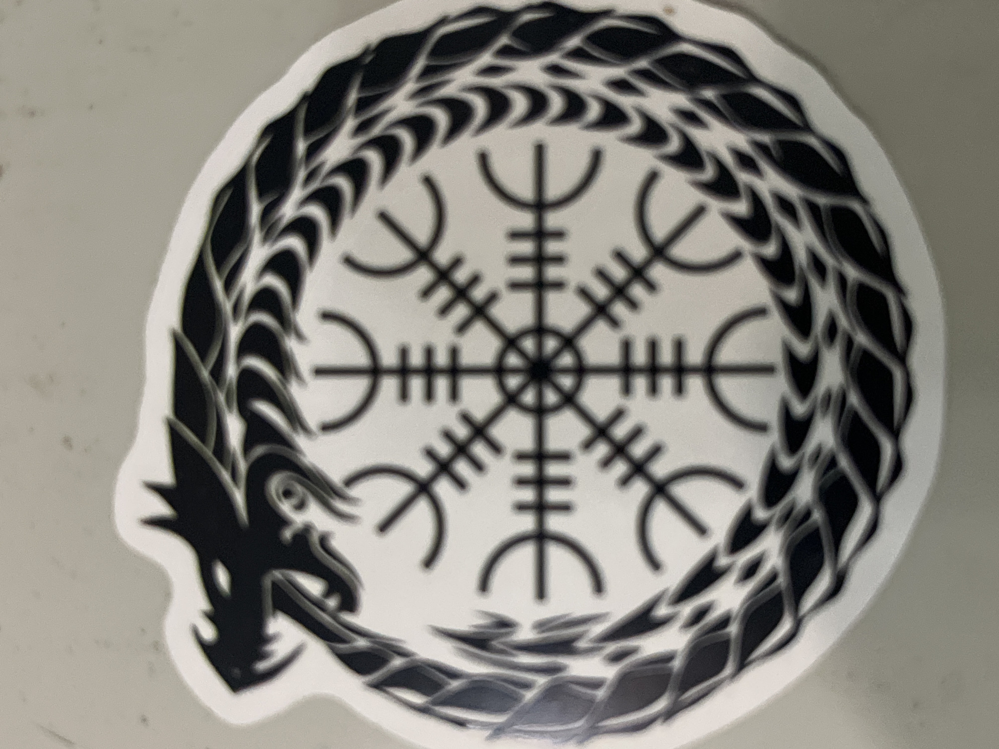 The image shows a sticker featuring a black dragon biting its tail, forming a circle. Inside the circle is a Vegvísir, a Norse symbol of guidance and protection. The sticker has a white background and black design. There is no information to suggest the location is Budva, Montenegro.