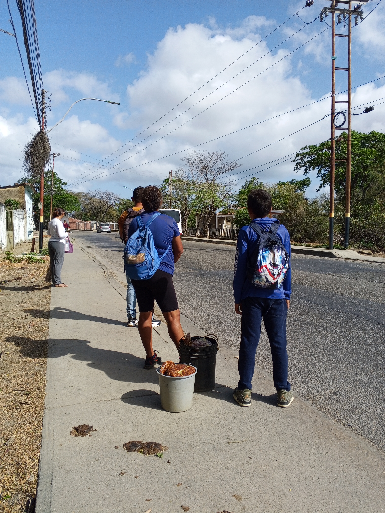 The image captures a scene on a sunny day in an urban environment. In the foreground, a sidewalk runs alongside a road. Several people are present. On the left, a woman in a white top and grey pants stands with a purple bag. Next to her, a man with a blue backpack stands with another individual wearing a yellow shirt and jeans. Further to the right, a young boy in a blue hoodie and pants is also present with a patterned backpack.
Two buckets stand on the sidewalk. A light-colored bucket is filled with what appears to be food. A darker bucket sits beside it. Debris is visible on the sidewalk near the edge.
The road extends into the background, with some vehicle traffic. Beyond the road, there is vegetation and residential buildings. Power lines and utility poles are visible above, adding to the urban feel of the location. The sky is blue with scattered white clouds.