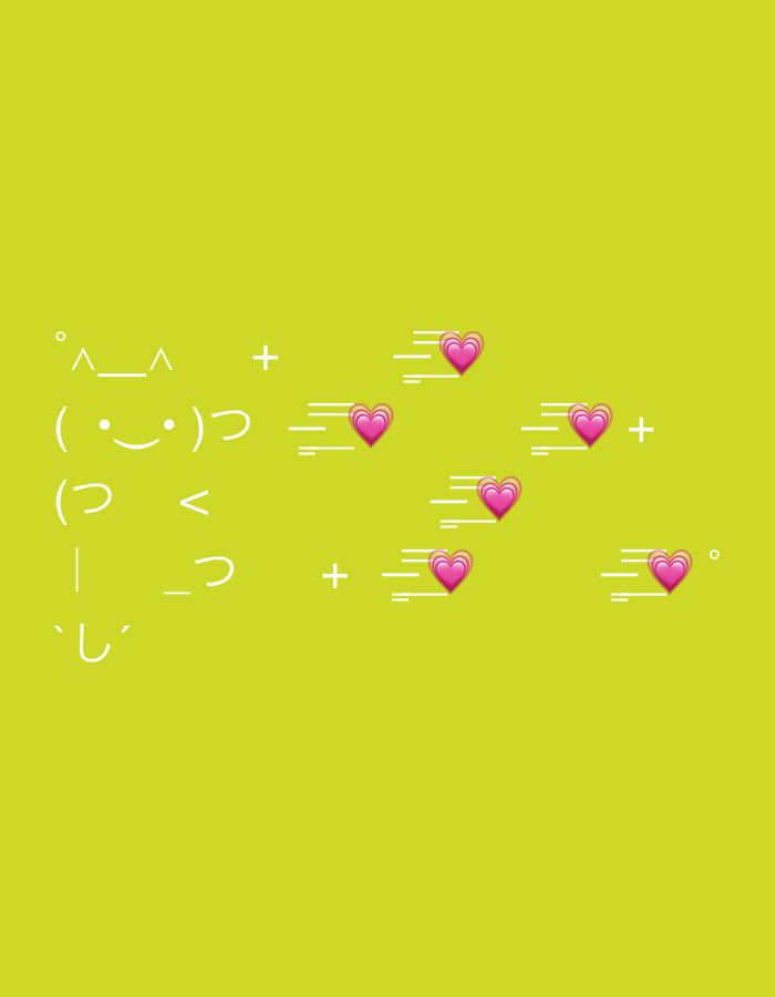 The image displays a vibrant lime green background, serving as a minimalist canvas for a digital art composition. On the left side, a white ASCII art character, resembling a cute face or kaomoji, is prominently featured. This character is constructed from symbols such as `Β°`, `^`, `_`, `(`, `.)`, `γ€`, `γ`, `|`, and `γ`, forming an expressive figure, possibly a cat or a person sending out affection.
Scattered across the central and right portions of the image are multiple vibrant pink heart emojis. Each heart is accompanied by several short, white horizontal lines trailing behind it, conveying a sense of rapid movement or "flying." These hearts appear to be emanating from the vicinity of the ASCII art character and spreading across the scene.
Further enhancing the design are small, subtle white geometric elements, including small circles and plus signs (`+`), which are interspersed among the hearts and around the ASCII character. The overall activity depicted suggests the sending or receiving of love and positive feelings.
The image is a graphic design, not a photograph of a real-world scene, thus lacking specific time of day, weather, or location cues that would relate to Dunavtsi, Bulgaria. The mood is cheerful and affectionate, emphasized by the bright color palette of lime green, white, and pink. No conventional written text is visible, only the symbolic characters forming the ASCII art and geometric shapes.