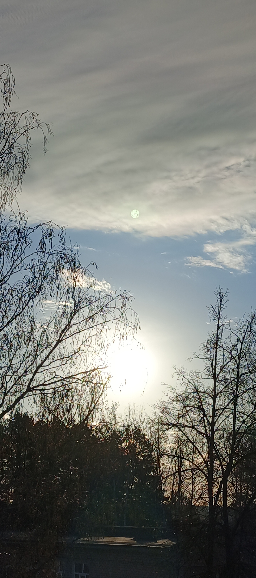 This vertical shot captures an outdoor scene in Chaikovsky, Russia, dominated by a bright sun low in a partly cloudy sky, framed by silhouetted trees.
The sky occupies the majority of the frame, transitioning from light grey and wispy clouds at the top to a clearer, bright blue band in the middle and lower sections. White, scattered cumulus clouds are interspersed throughout the blue. A prominent, intensely bright sun is positioned towards the center-right of the lower sky, creating a strong lens flare effect and obscuring its exact form. In the upper-middle part of the sky, a distinct, light green, circular artifact with a patterned texture is visible, consistent with a camera lens flare or internal reflection.
In the foreground and mid-ground, a network of bare, dark tree branches, likely deciduous, forms intricate silhouettes against the illuminated sky. The trees are leafless, suggesting a season such as late autumn, winter, or early spring. Below these bare branches, a dense, dark band of foliage, possibly evergreen trees or bushes, stretches across the lower part of the image. At the very bottom, a dark, flat roof of a building or structure is visible, with a faint window appearing on its facade.
The low position and intensity of the sun indicate either sunrise or sunset. There are no people or specific activities taking place. No text is visible in the image.