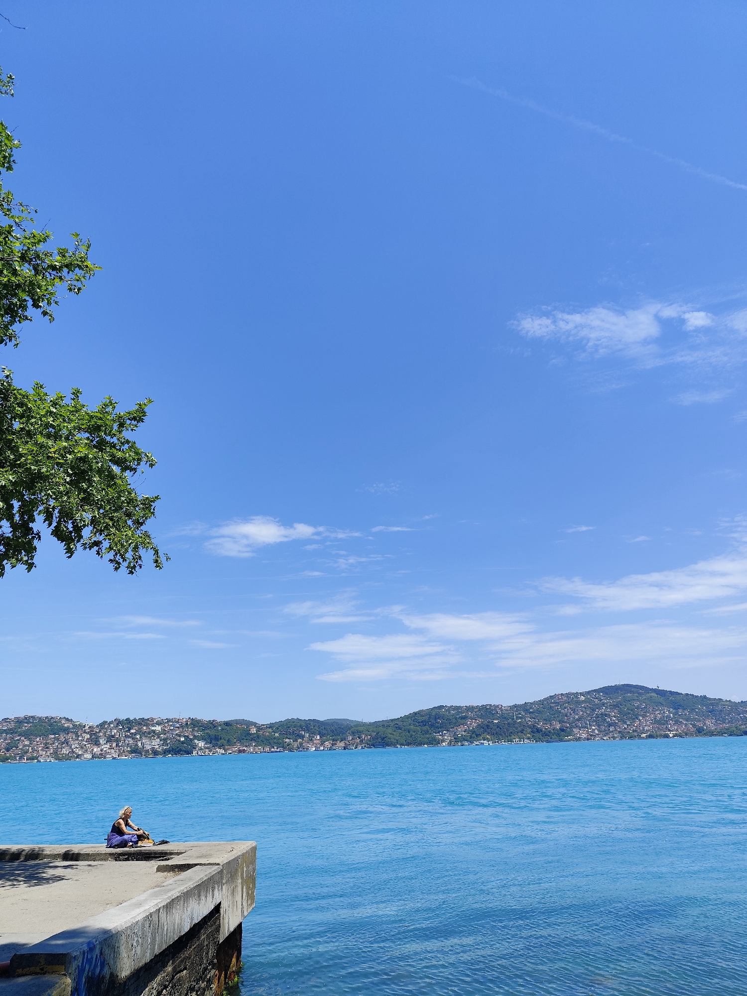 This image presents a vibrant, sunny outdoor scene in Sarıyer, Turkey, characterized by clear skies and brilliant blue water. The central subject is a person, likely a woman with light-colored hair, dressed in dark blue or purple attire. She is seated on the edge of a concrete pier or dock in the foreground, facing away from the camera and looking out over the water towards the distant hills. She appears to be observing the view or engaged with an indistinct object or small animal in front of her.
The expansive body of water, likely the Bosphorus, is a striking turquoise-blue, gently rippling under the bright sunlight. Across the water in the mid-ground, a range of hills is visible, densely covered with an array of buildings and houses, interspersed with lush green trees, forming a typical coastal urban landscape. A few small boats can be faintly seen along the distant shoreline.
The sky is a brilliant, clear blue, occupying a significant portion of the upper frame, with only a few sparse, wispy white clouds scattered across it, indicating a beautiful, cloudless day. In the upper left corner, the leafy branch of a green tree extends into the frame, adding a natural element to the composition. The concrete pier in the foreground is solid and somewhat weathered, providing a firm base for the seated individual. The overall atmosphere conveyed is one of tranquility and quiet contemplation under a bright midday or early afternoon sun. No visible text is present in the image.
