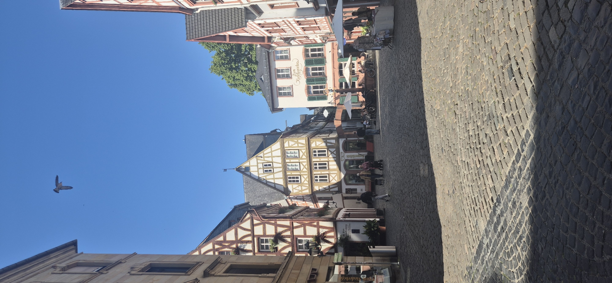The image depicts a sunlit, cobblestone square in a European city, likely in Germany. Several half-timbered buildings with distinctive white stucco and dark wood beams line the square. In the background, a building with green shutters bears a sign that reads "Zum Kirchgarten". People are visible walking through the square, some with shopping bags, and others sitting at outdoor cafe tables. One woman is standing near a market stall with umbrellas. The sky is clear and blue, with a bird flying in the upper left quadrant of the image. The architecture suggests a historical district, possibly in a town in the Rhineland-Palatinate region of Germany.
The specific location is the Kirschgarten square in Mainz, Germany.