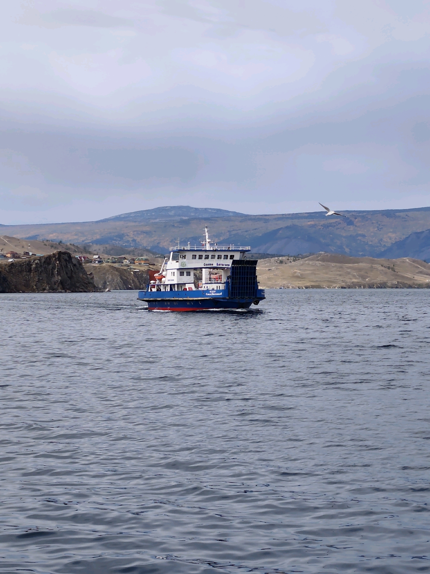 A blue and white ferry boat sails on a wide body of water with moderate waves. The ferry is positioned in the mid-ground, moving from left to right. A single white bird is in flight in the upper right portion of the frame. In the background, rolling hills with sparse vegetation and a small village of houses are visible along the shore. The sky is overcast with pale clouds. The ferry has the name "Святой Батаргаев" written on its side in Cyrillic. The water appears to be calm, with small ripples. The overall scene suggests a relatively cool, possibly early autumn day in a coastal or lakeside environment. The village and surrounding landscape are indicative of a rural settlement.