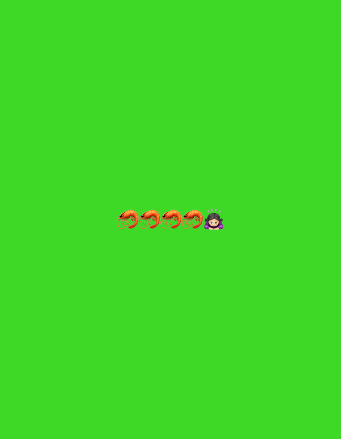 Four shrimp emojis and one woman emoji with purple hair are horizontally aligned against a solid bright green background. The emojis are centered horizontally and positioned in the bottom portion of the image.