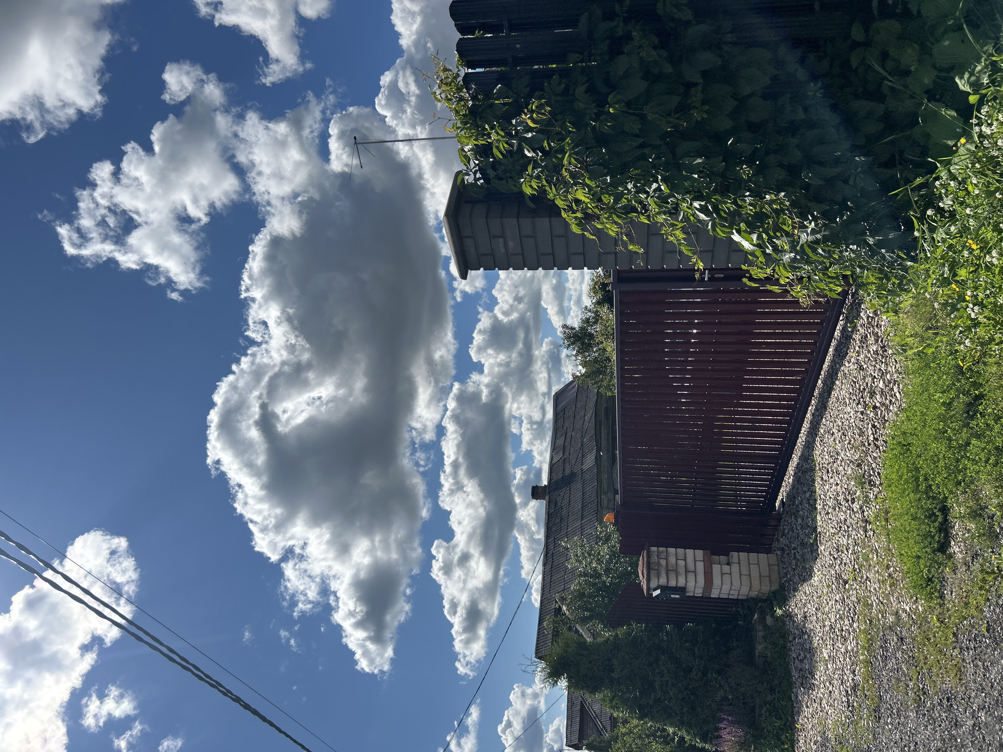 In Kalitsino, Russia, on a bright, cloudy day, a brown metal gate stands partially open, leading into a property. To the left of the gate, a short brick pillar with a mailbox is visible. The gate is bordered by a brick pillar on the right, which is partially covered by lush green vines. Behind the gate and to the left, a dark-roofed building, possibly a house, is seen with dense green foliage surrounding it. The ground in front of the gate is covered with gravel and patches of green grass. Overhead, power lines stretch across a blue sky dotted with large, white, fluffy clouds.