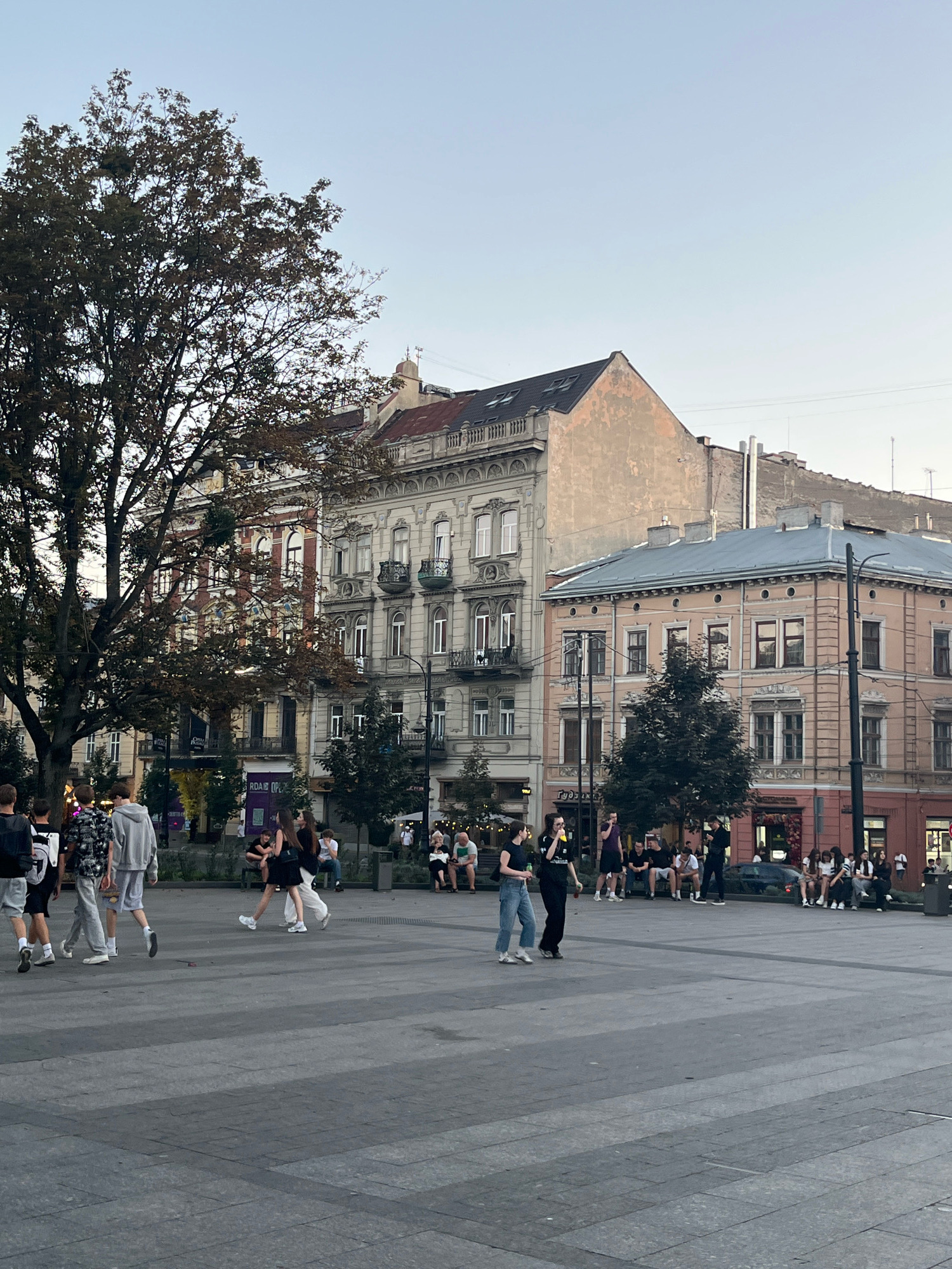 This image depicts a public square in Lviv, Ukraine, with several people walking and sitting. The buildings in the background exhibit traditional European architecture, with ornate facades and balconies. A large tree with autumnal foliage stands prominently on the left side of the square, casting shadows. The ground is paved with large, grey stone slabs, indicating a well-maintained urban area. The sky is clear and pale blue, suggesting it is either early morning or late afternoon. Several individuals are casually dressed, some walking in small groups, while others are seated on benches or the ground, engaged in conversation or resting. The overall atmosphere appears relaxed and everyday, capturing a typical scene in a bustling city square.