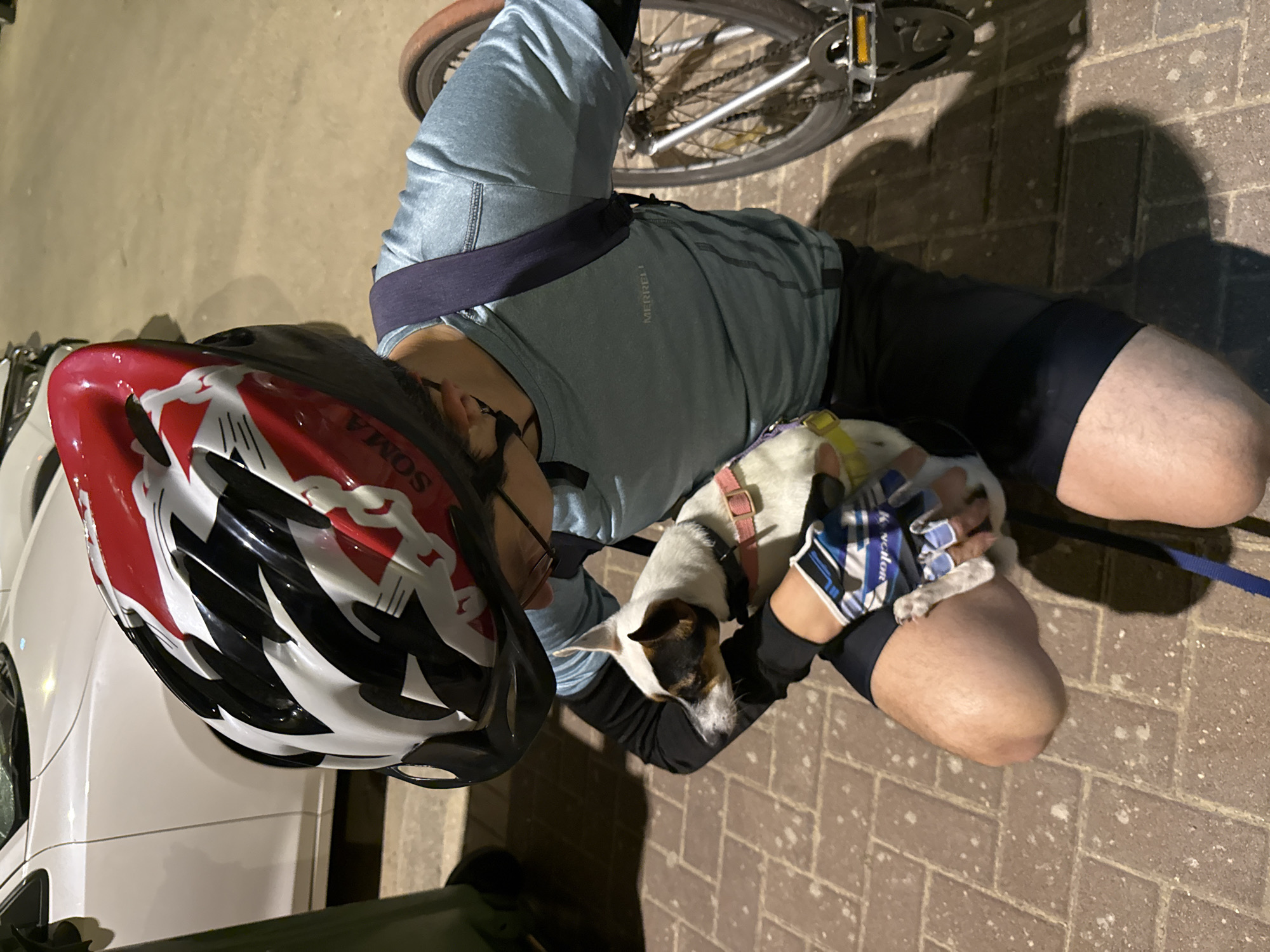 This nighttime image, captured in Petah Tikva, Israel, shows a person in cycling attire interacting with a small dog. The person is kneeling or crouching, wearing a red, white, and black cycling helmet with "SOMA" written on it, a light blue cycling jersey bearing the "MERRELL" logo, black cycling shorts, and blue, black, and white cycling gloves that say "KENCHON." They are gently holding a small white dog with brown and black markings on its head and ears, which is wearing a pink harness. A blue leash is also visible, attached to the dog's harness.
Behind the person, part of a bicycle, including a wheel, chain, and pedal, is visible, suggesting they are on a bike ride or have just completed one. The setting is outdoors, on a paved surface made of light brown/tan interlocking bricks. Artificial lighting creates distinct shadows on the ground, indicating it is dark. To the left, a portion of a white car and a dark green object, possibly a refuse bin, are visible. The overall scene portrays a quiet, affectionate moment between the cyclist and their companion.