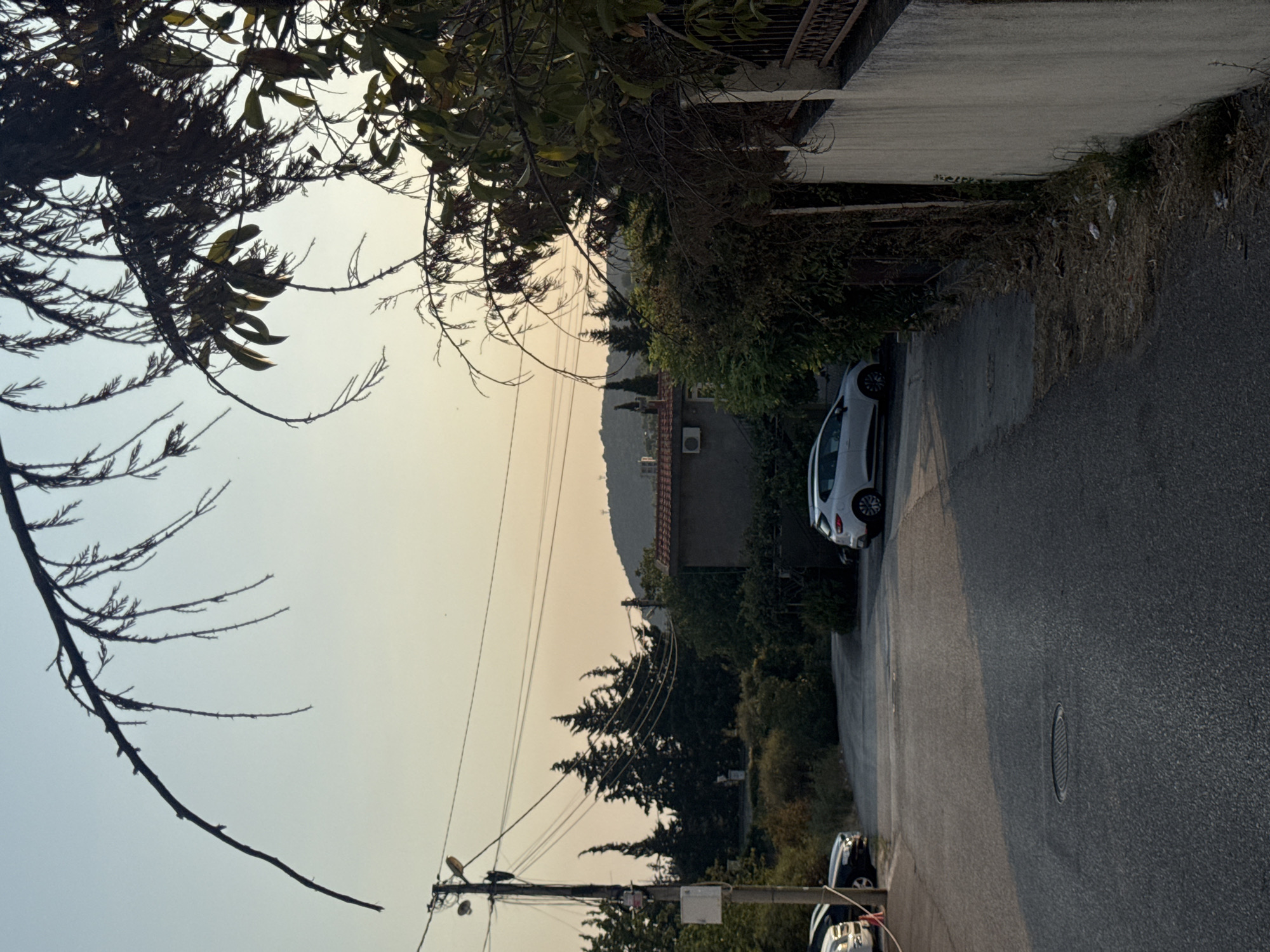 This image depicts a street scene in Sutomore, Montenegro, at what appears to be sunset given the warm, hazy light and long shadows. In the foreground, a paved road curves to the left, with a manhole cover visible in the center of the lane. To the left of the road, several cars are parked, including a white SUV. A utility pole with numerous wires extends upwards on the left side of the image. Beyond the road, dense foliage and trees line the landscape, with a building featuring an air conditioning unit visible in the middle ground. Further in the distance, a hillside is covered with more trees and vegetation, and a faint silhouette of a structure can be seen on the crest of the hill. The upper portion of the image is dominated by a clear sky with a gradient of pale yellow and blue, and the dark branches of a tree with sparse leaves are silhouetted against it in the top half of the frame. A decorative metal fence runs along the right edge of the image, adjacent to a light-colored wall.