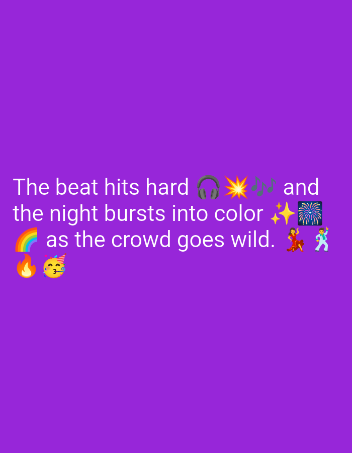 The image is a purple background with text and emojis. The text reads "The beat hits hard π§π₯π΅ and the night bursts into color β¨π as the crowd goes wild. ππΊ". The emojis depict headphones, a starburst, musical notes, a rainbow, a flame, a party face, and dancing figures. There is no information about Kebondalem, Indonesia in the image.