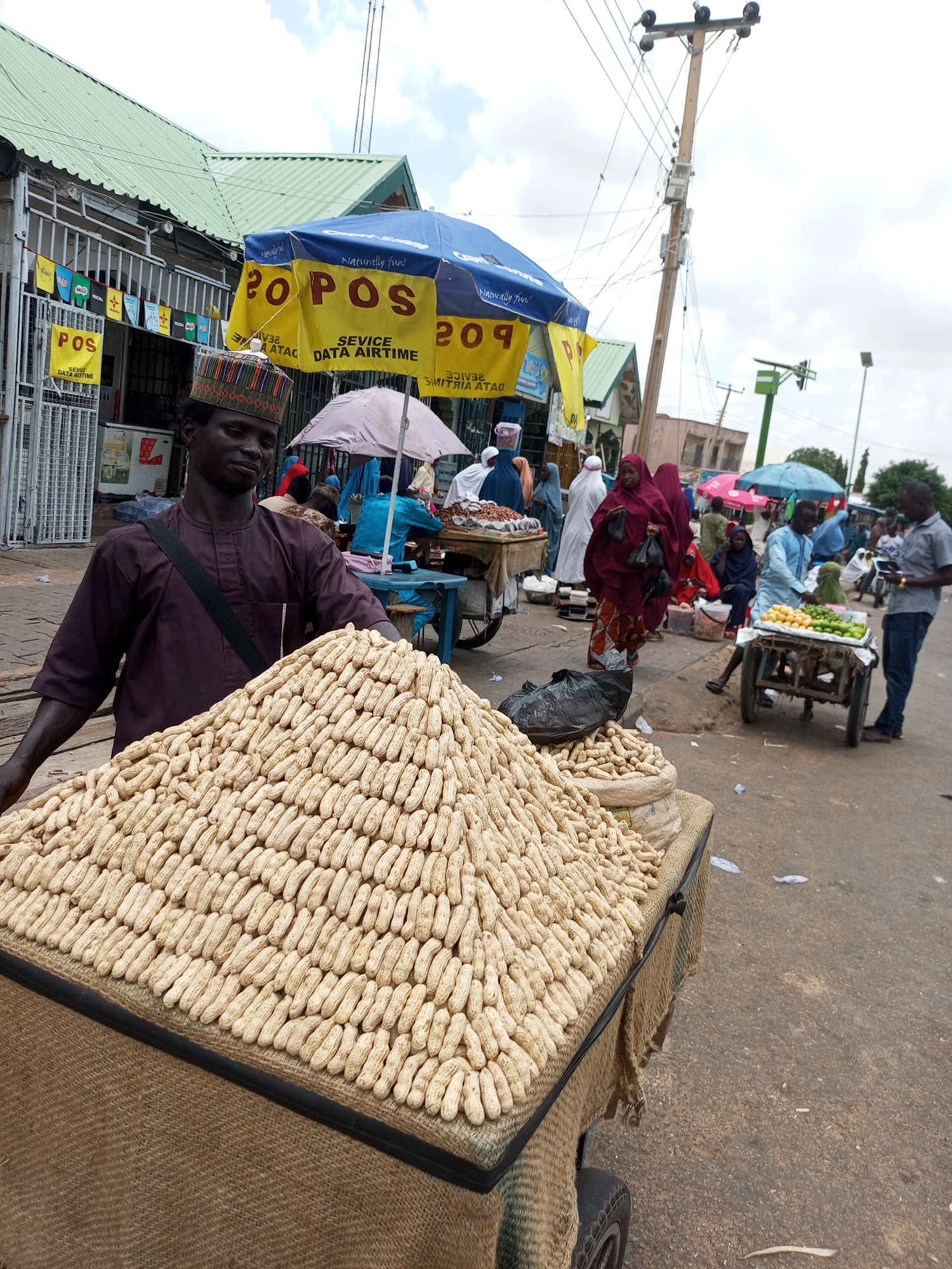 In Gombe, Nigeria, a street scene unfolds with a vendor prominently positioned in the foreground, presenting a large, meticulously stacked mound of peanuts. The vendor, wearing a maroon tunic and a distinctive patterned cap, stands behind the produce, his expression neutral. Behind him, several other people navigate the bustling marketplace. Two individuals are seen near a cart laden with fruits, possibly lemons and limes, engaging in what appears to be a transaction or conversation. In the background, various stalls and shops line the street, some shaded by blue and yellow umbrellas advertising "POS SERVICE DATA AIRTIME." The environment is an outdoor market with paved ground, an overhead power line, and a cloudy sky. The overall impression is a snapshot of everyday commerce in a Nigerian city.