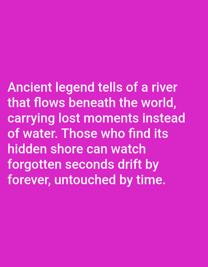 The image displays white text against a vibrant magenta background. The text reads: "Ancient legend tells of a river that flows beneath the world, carrying lost moments instead of water. Those who find its hidden shore can watch forgotten seconds drift by forever, untouched by time." There are no people, objects, or environmental details present in the image other than the text and the background. The location of Aksu City, China, is not depicted or suggested by the image content.