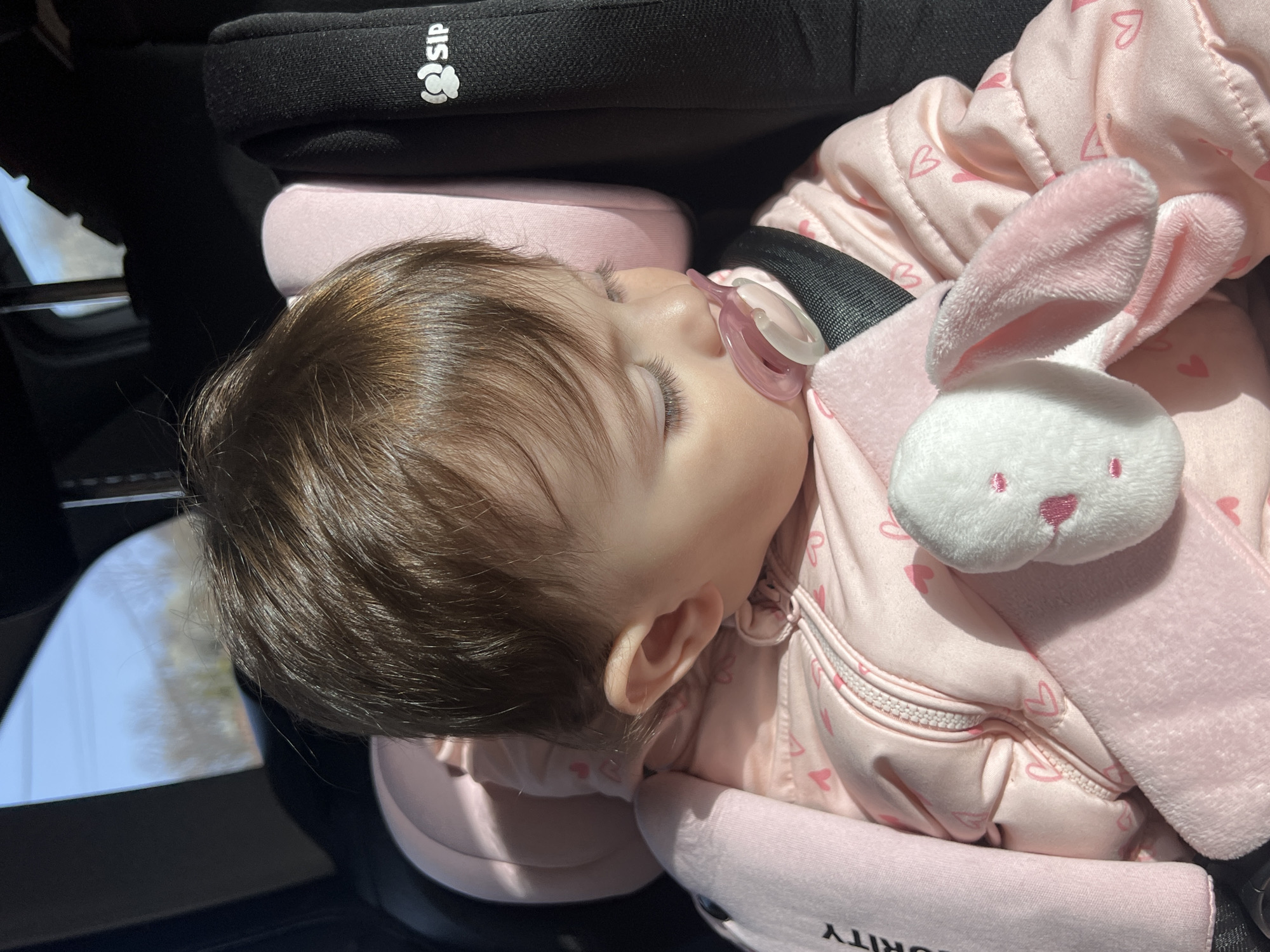 A baby is sleeping in a car seat. The baby is wearing a pink outfit with a heart pattern and has a pacifier in their mouth. A plush bunny is next to the baby. The car seat has a black headrest with "SIP" printed on it and pink padding. The scene appears to be inside a car. The city of Elena, Bulgaria, cannot be determined from the image.