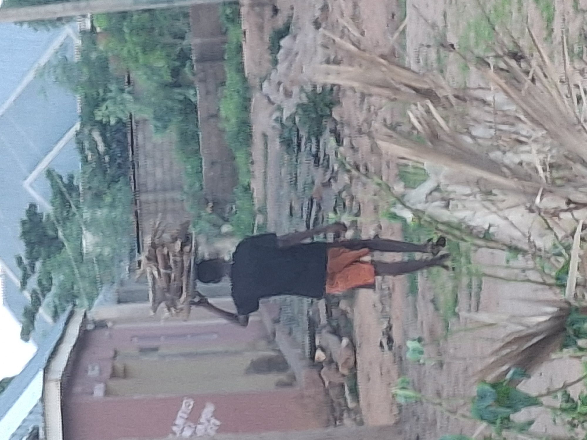 A person is walking carrying firewood on their head. The person is wearing a black t-shirt and orange shorts. The person is walking on a dirt path next to a building. There are trees and bushes in the background. The scene appears to be in Tumfure, Nigeria, given the context. The image is blurry and taken from a distance.