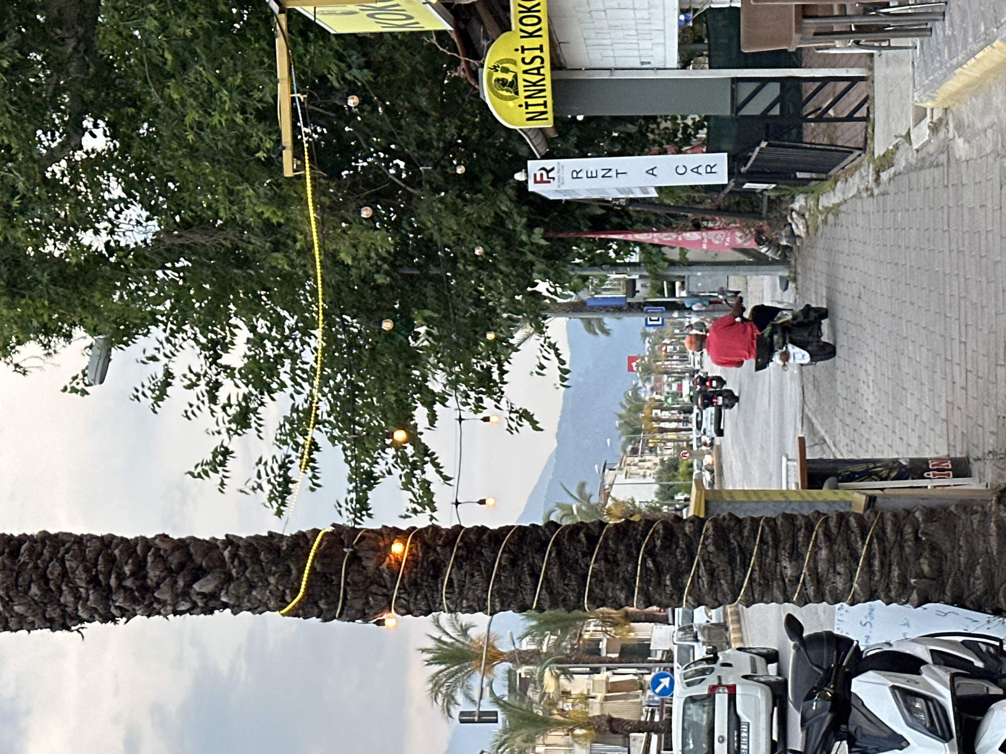 The image depicts a street scene in Fethiye, Turkey. A palm tree trunk adorned with string lights dominates the foreground. Above the tree, a street lined with buildings and trees stretches into the distance towards mountains. Street signs advertising "Ninkasi Kokus" and "Rent a Car" are visible. On the right side of the image, a pedestrian walkway and some outdoor seating arrangements from nearby establishments can be seen. People are riding motorbikes along the street. Several parked cars and motorcycles are also visible. The overall impression is that of a touristy area in a coastal town.