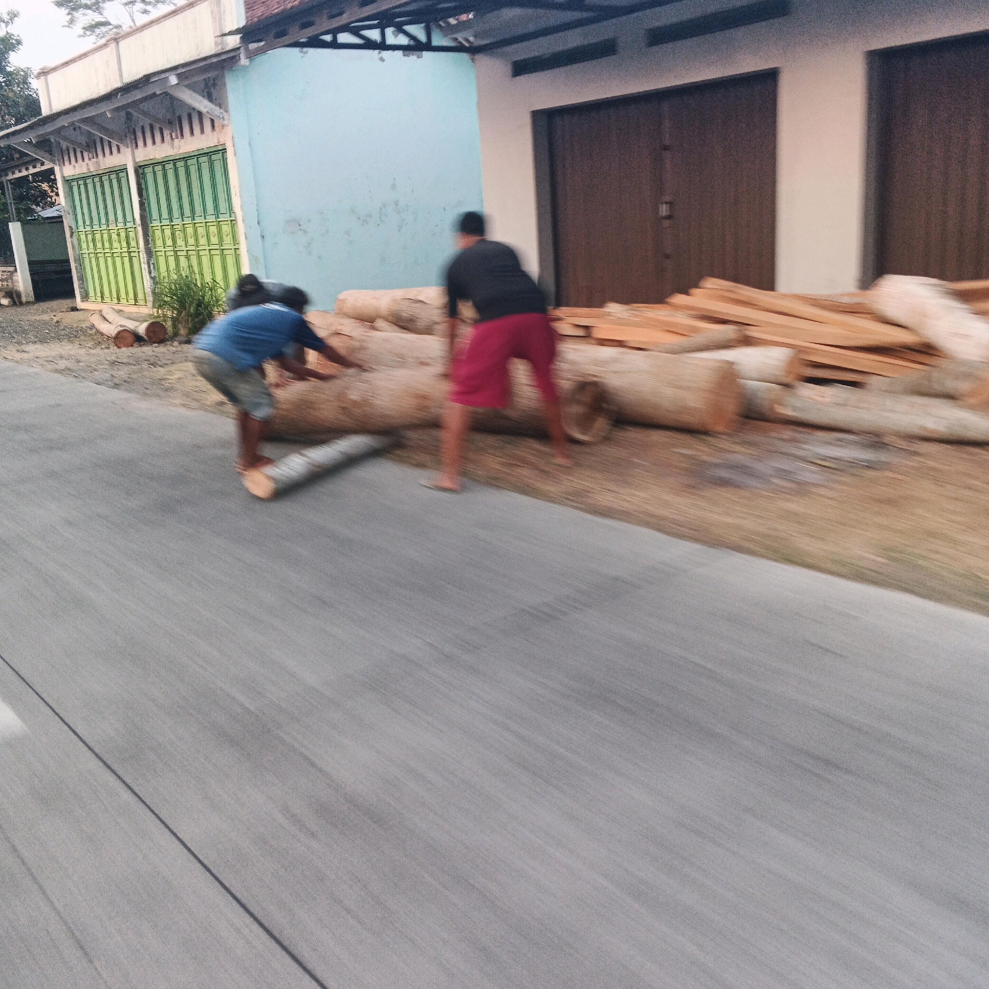 In the village of Desa Karangkemiri, Indonesia, two individuals are observed engaged in the manual labor of moving large logs. One person, wearing a blue t-shirt and shorts, is positioned on the left side of the frame, actively pushing a log with their hands. The other individual, dressed in a black t-shirt and red shorts, is on the right, also appearing to be involved in the movement of logs. They are working on a dirt and gravel area adjacent to a paved surface, likely a road or pathway. Behind them, a building with a light blue wall and wooden doors stands, and stacks of lumber are visible. The scene captures a moment of physical exertion, likely for construction or logging purposes, within a rural or semi-rural Indonesian setting.