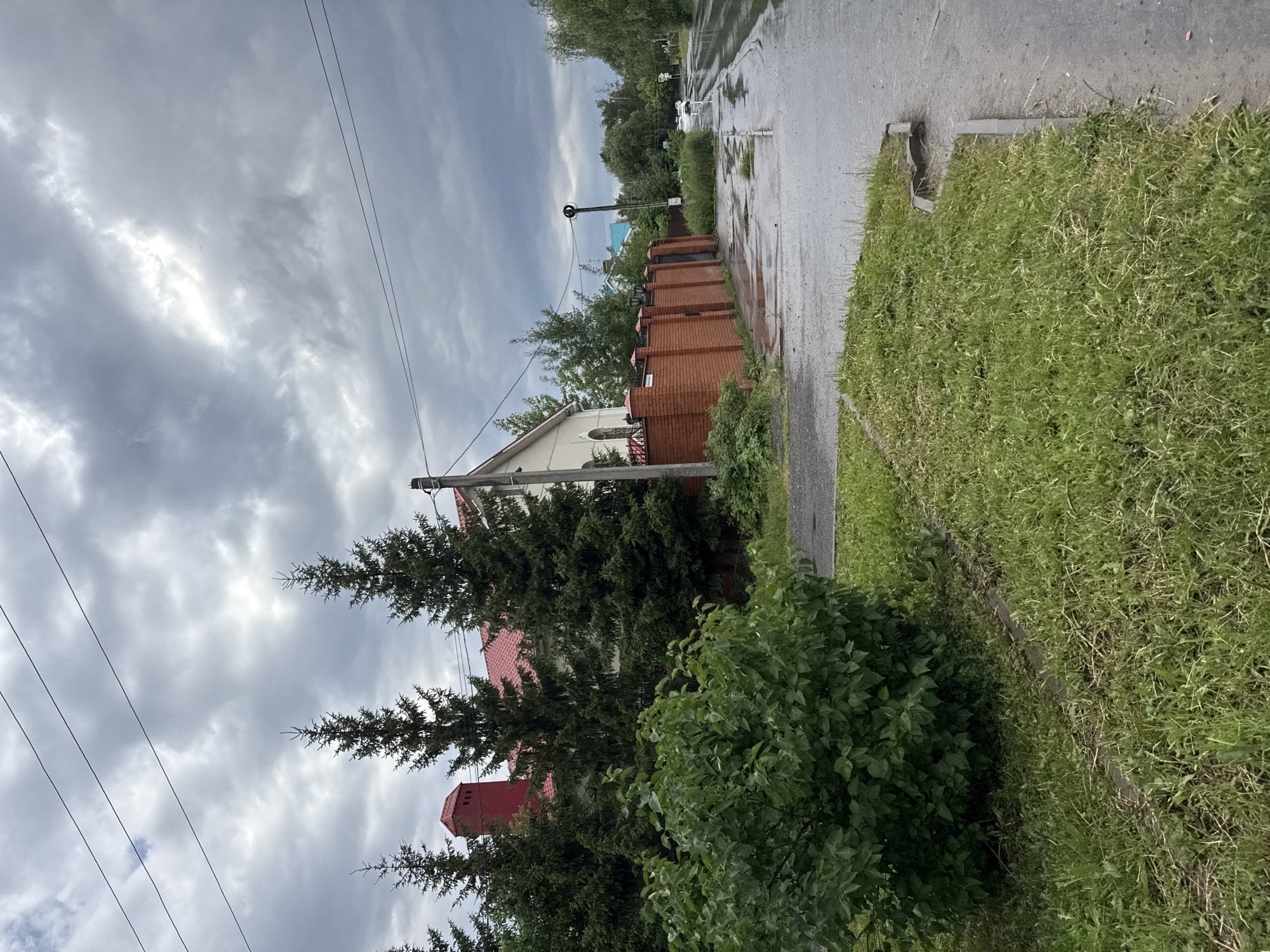 The image depicts a residential street in Kazan, Russia, under a cloudy sky. A green bush is prominent in the foreground, situated on a patch of grass. To the right of the bush, a wet asphalt road is visible, with puddles indicating recent rain. A brick fence, approximately chest-high, runs along the side of the road, bordering a property with a house and several tall evergreen trees. The house has a distinctive red roof and chimney. Further down the road, more trees and other houses are visible. A single car is present in the distance on the wet road. Utility wires are strung across the sky. The overall impression is that of a damp, overcast day in a suburban or semi-rural area.