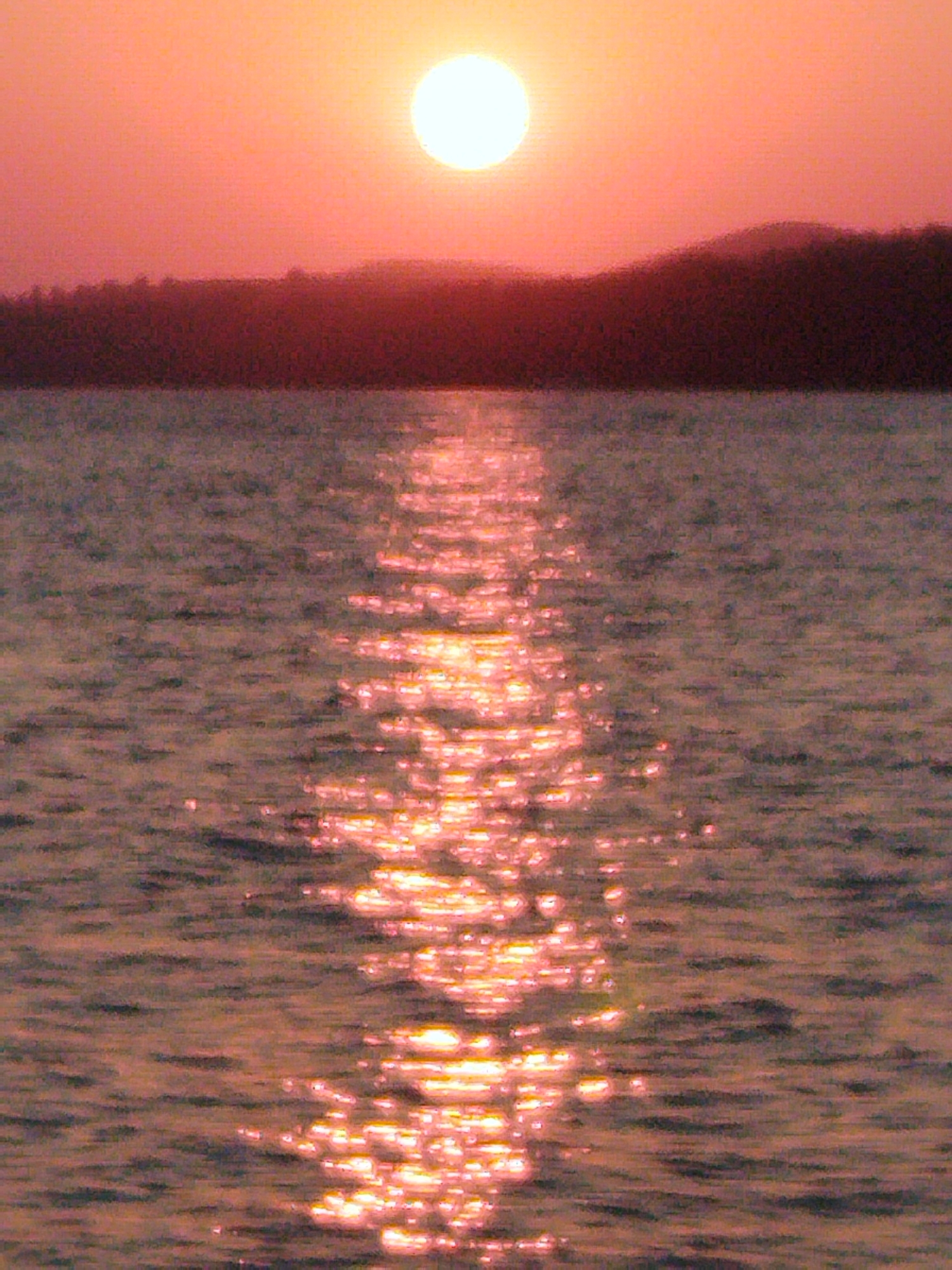 A serene sunset over the sea in Sithonia Municipal Unit, Greece, features a large, bright sun low on the horizon, casting a warm glow across the sky and reflecting on the water. The sun, a luminous white orb, is positioned in the upper portion of the image, surrounded by a gradient of soft orange and pink hues. Below the sky, a dark, silhouetted line of trees and hills forms the distant coastline, almost blending into the water. The sea itself is calm, with gentle waves creating a shimmering path of sunlight extending from the horizon towards the foreground. The water's surface is a mosaic of muted blues and purples, interspersed with the bright, glittering reflections of the setting sun. No people or specific objects are identifiable in the scene.